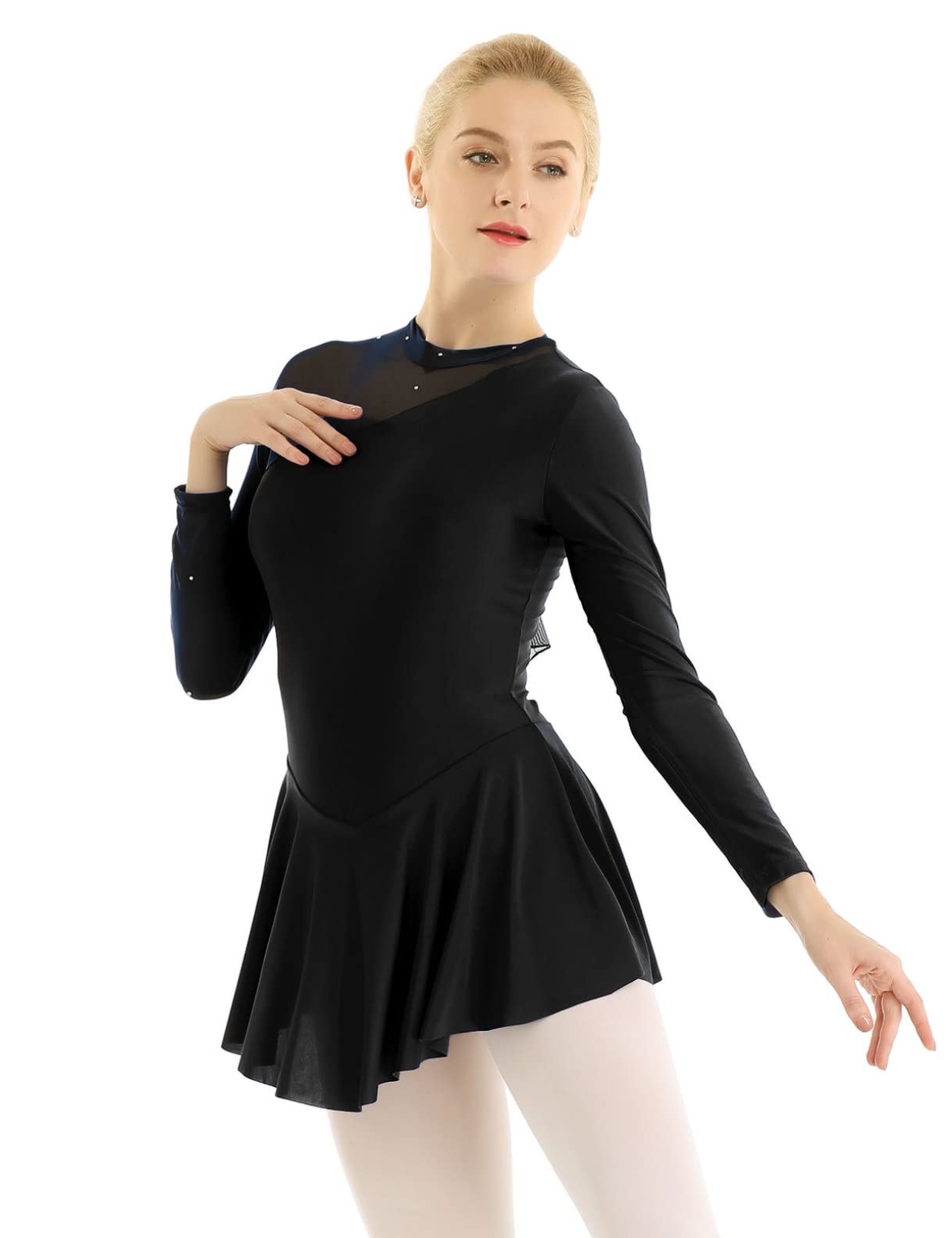 Elegant Women's Lyrical Dance Costume - Long Sleeve Mesh Figure Skating Dress with Backless Design | Ballet Leotard for Performances, Competitions & Stage Shows