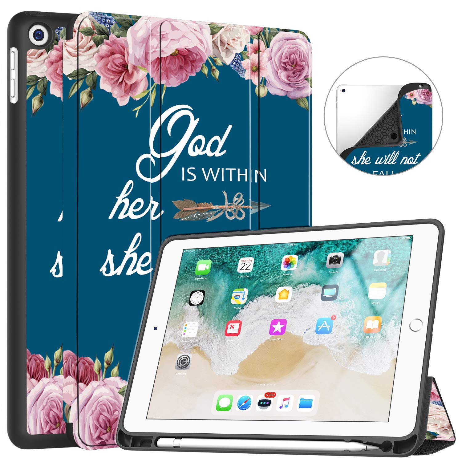 Christian Bible Verses Psalm 46:5 Pink Flower PU Leather Case for iPad 7th Gen 10.2