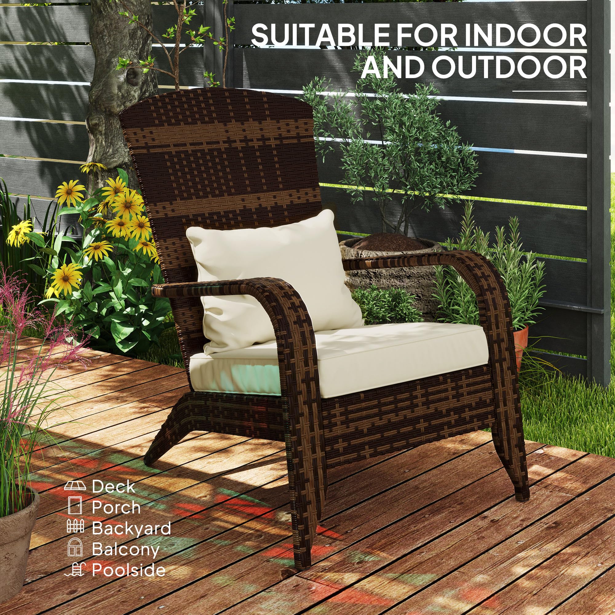 Outsunny All-Weather Wicker Adirondack Chair with Cushions - Patio Fire Pit Lounge Chair with Curved Backrest & Armrests for Deck, Garden, Backyard - Cream White Outdoor Furniture for Relaxation & Entertaining