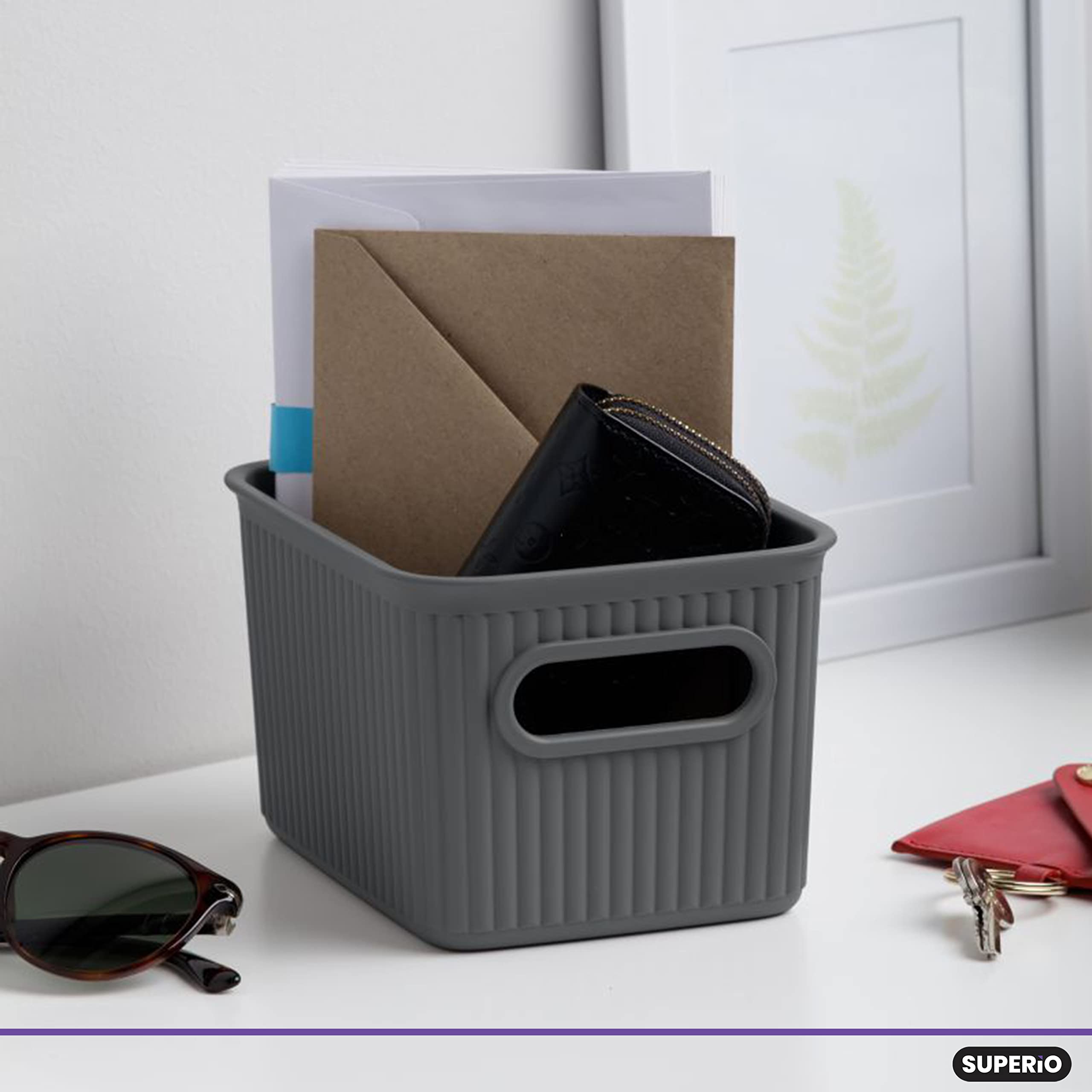 Superio Ribbed Plastic Storage Bins - 1.5L Grey Home Organizer Baskets (1-Pack) for Closet, Shelf & Drawer Organization | Decorative Open Storage Containers for Bedroom, Bathroom & Office Use