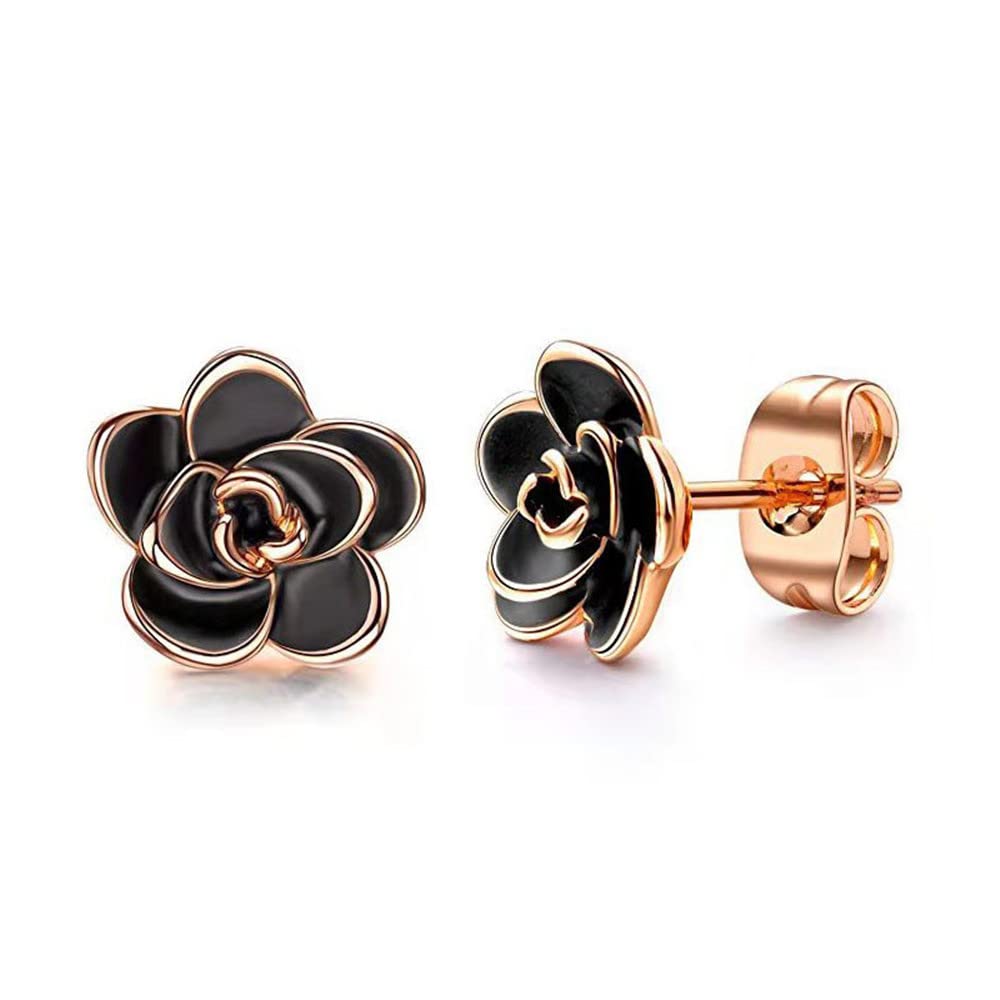 Classic Camellia Rose Flower Necklace & Rose Gold Stud Earrings Set - Dainty Floral Jewelry for Women & Girls - Delicate Gold Necklace Gift for Birthday, Anniversary & Valentine's Day - Perfect for Everyday Wear & Special Occasions