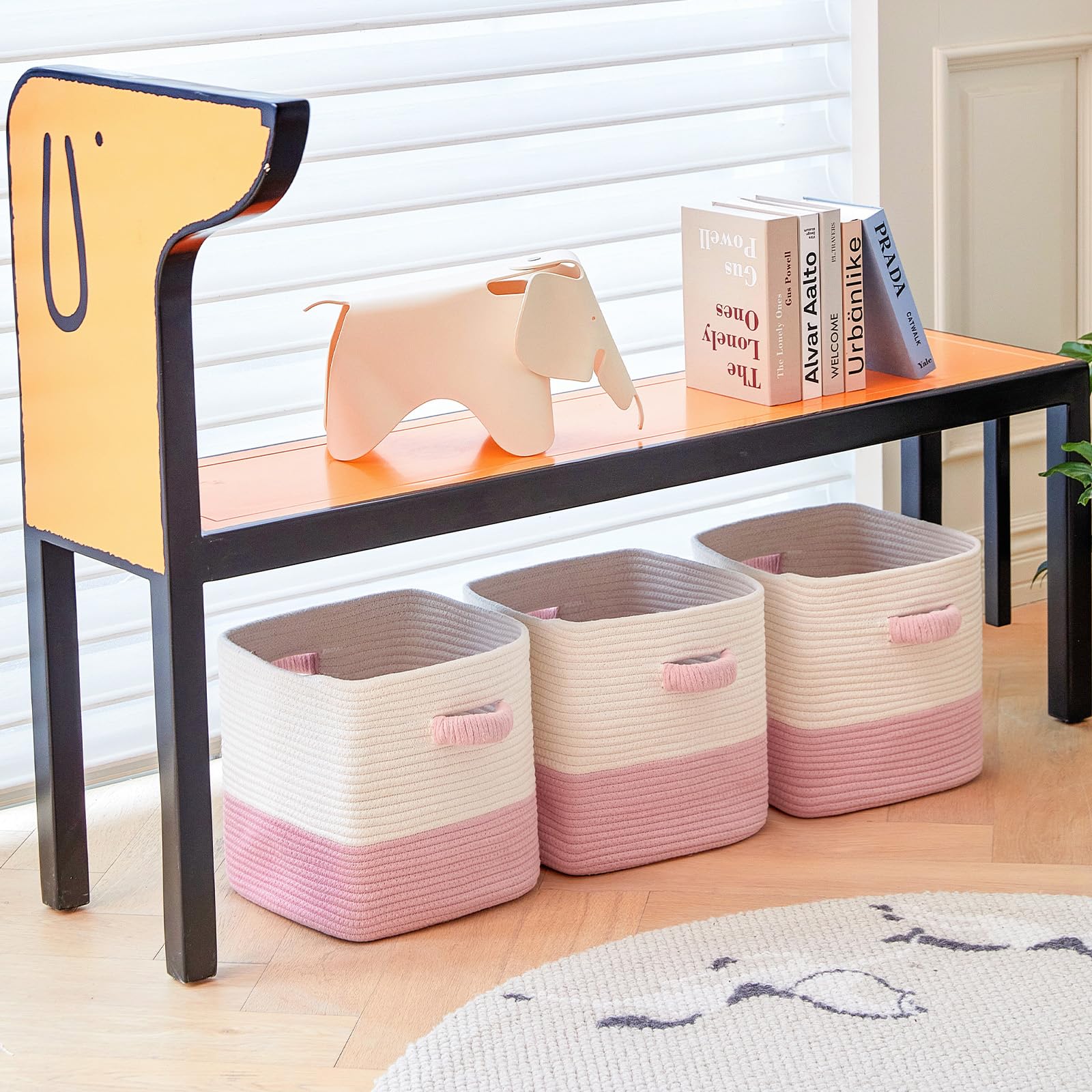11 Inch Woven Storage Cube Baskets - 3 Pack Square Organizer Bins for Shelves, Closet & Toy Storage | White & Pink | Perfect for Home Organization, Kids Room & Nursery Decor