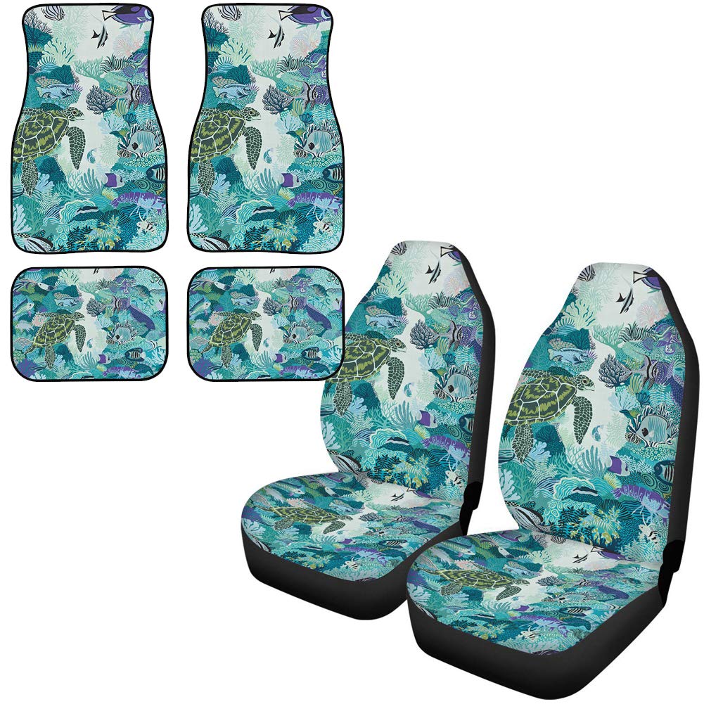 Dreaweet Boho Hawaiian Sea Turtle Printed Car Seat Covers & Floor Mats Set of 2 - All Weather Front Seat Protectors for Cars, SUVs, Trucks - Flexible Polyester Back - Perfect for Beach Trips, Road Travel & Daily Commute