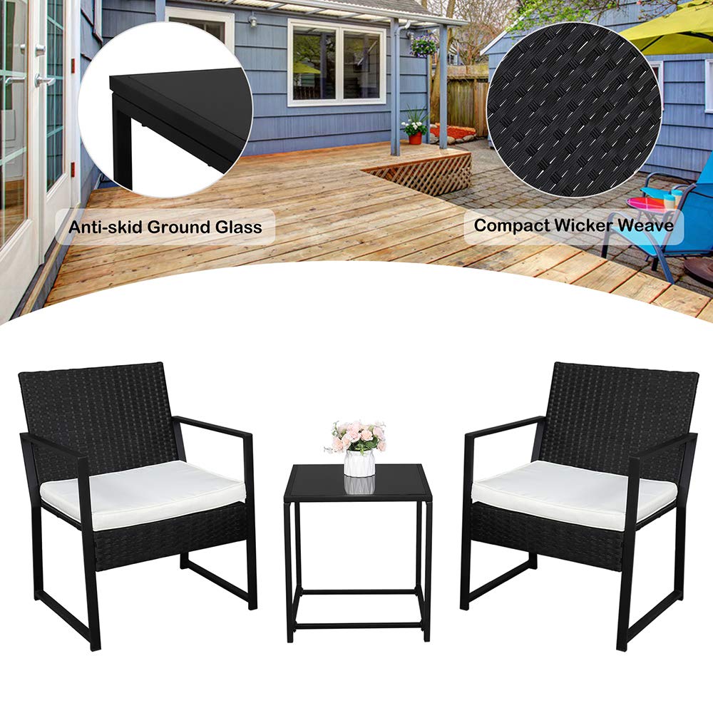 3-Piece Wicker Patio Furniture Set - Outdoor PE Rattan Conversation Set with Glass Table & Cushions (Black & White) for Garden, Balcony, Porch - Perfect for Relaxing & Entertaining Guests