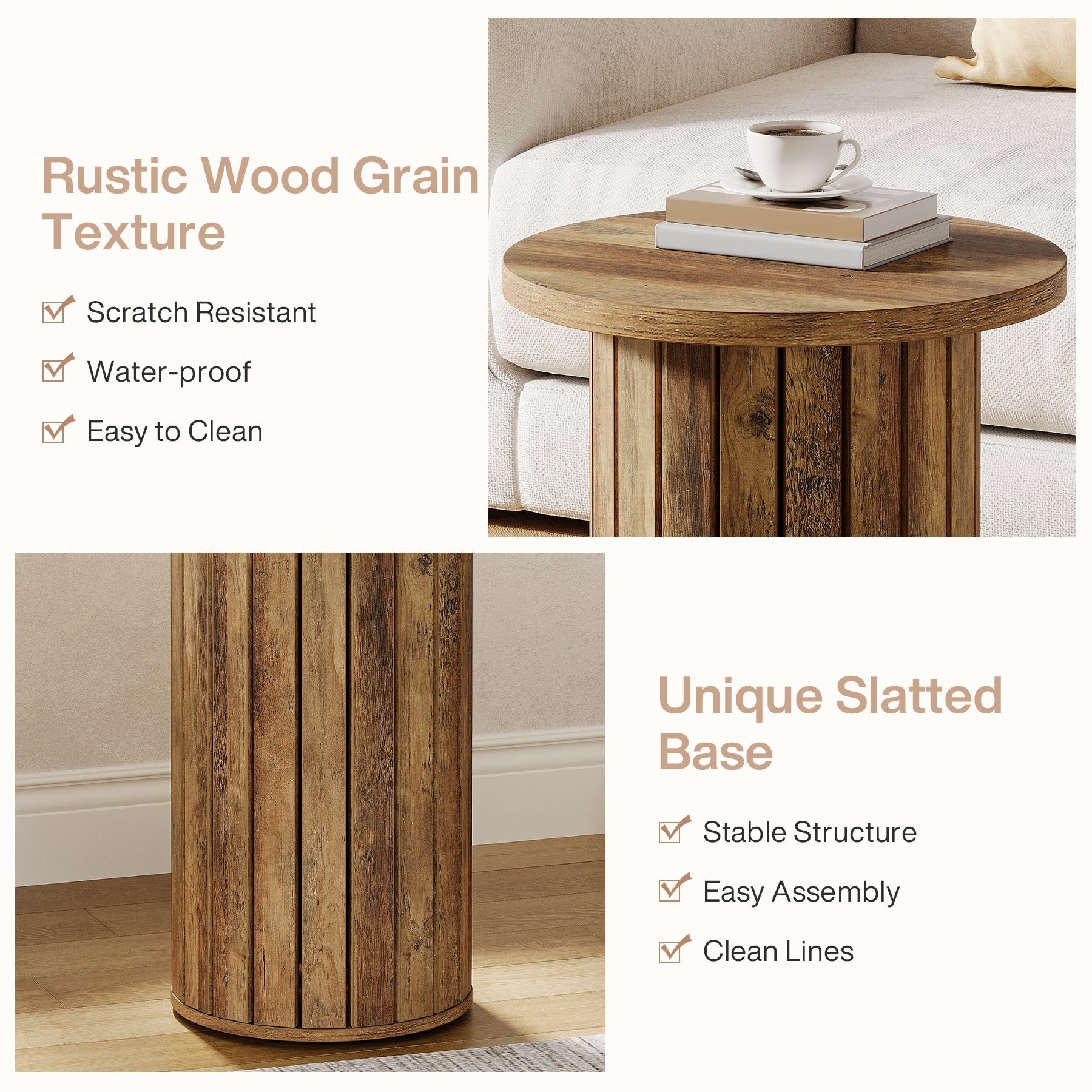 Round Wooden End Table with Pedestal Base - Small Side Table for Couch, Living Room, Bedroom - Perfect for Coffee, Books & Decor