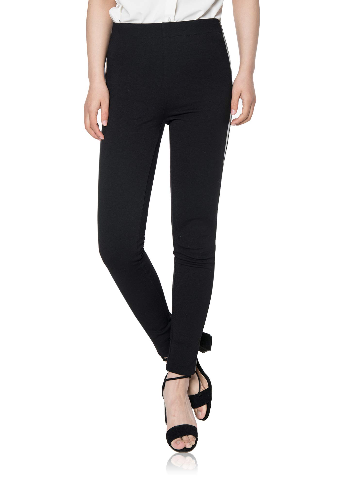 Women's Black Stretch Skinny Dress Pants with Leather Stripe - Professional Tuxedo Work Pants for Business Office & Casual Wear | Perfect for Meetings, Office Outfits & Smart Casual Occasions