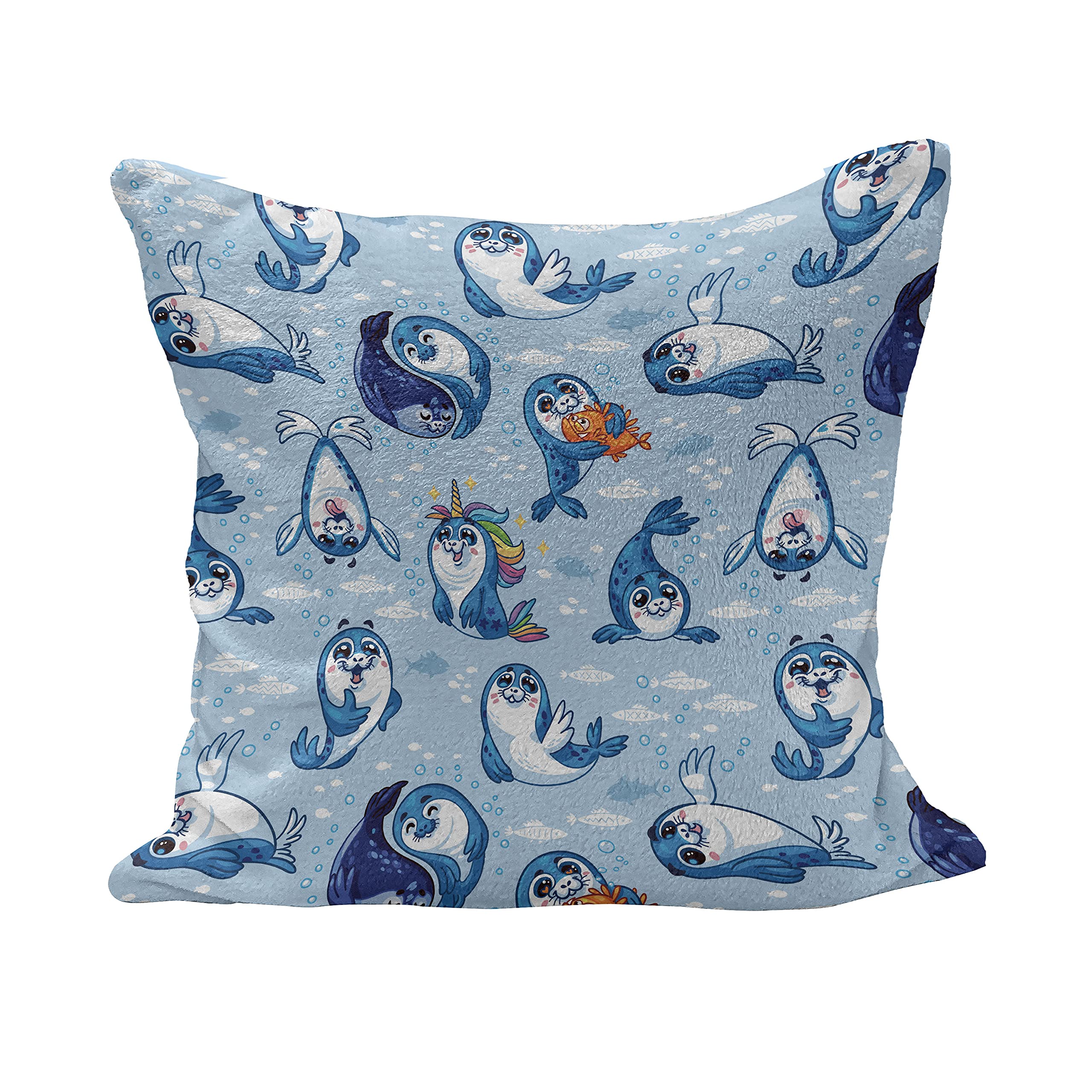 Ambesonne Fluffy Sea Animals Throw Pillow Cover - Seal Pup Aquatic Wildlife Design with Water Bubbles, Blue White Marigold Decorative Square Accent Cushion Case 24x24 Inches - Perfect for Living Room, Bedroom & Nursery Decor