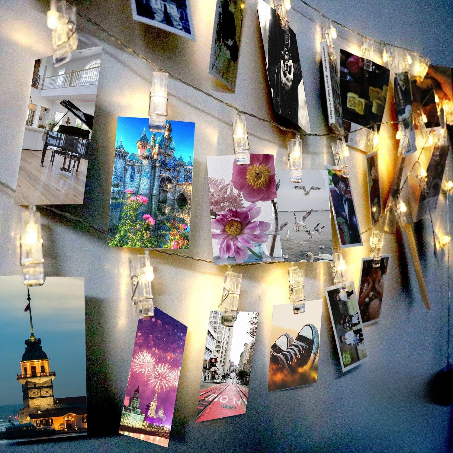 Exqline 40 LED Photo Clip String Lights - 5M Battery Powered Fairy Lights for Hanging Photos, Notes, Cards | Indoor Outdoor Christmas Decorations (Warm White) - Perfect for Bedroom, Wedding, Party & Wall Decor