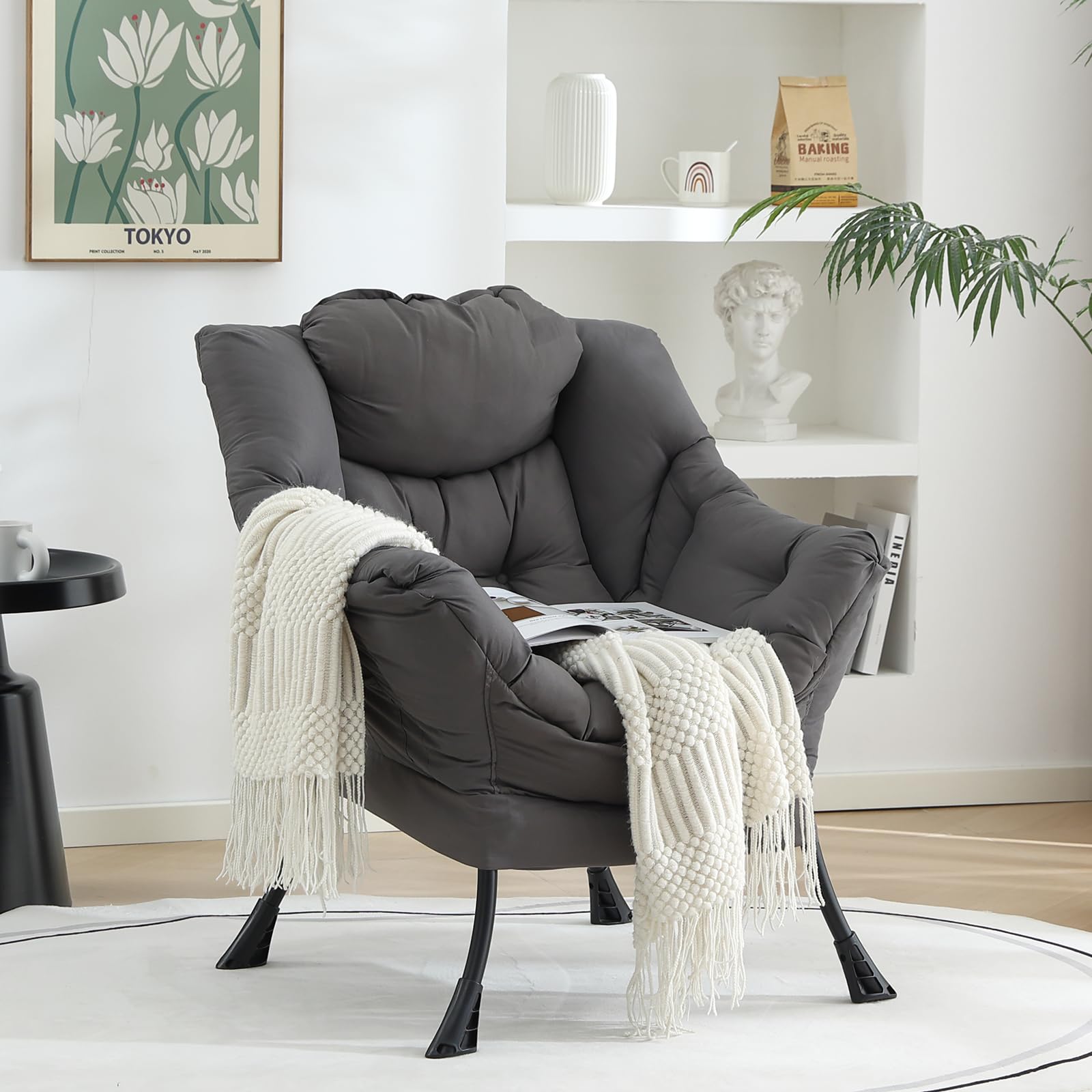 Welnow Modern Lazy Chair - Armrest Lounge Accent Chair with Side Pocket, Upholstered Leisure Sofa for Small Spaces, Bedroom, Dorm | Perfect for Reading, Relaxing & Netflix Binge-Watching in Dark Grey