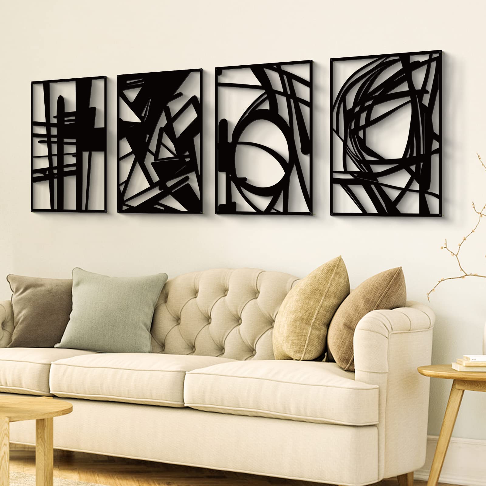 Glamativity 4-Piece Black Abstract Metal Wall Art Set - Minimalist Single Line Art Decor - 3D Textured Metal Wall Sculptures (16x11 Inch) - Modern Home Decor for Living Room, Bedroom, Bathroom & Office