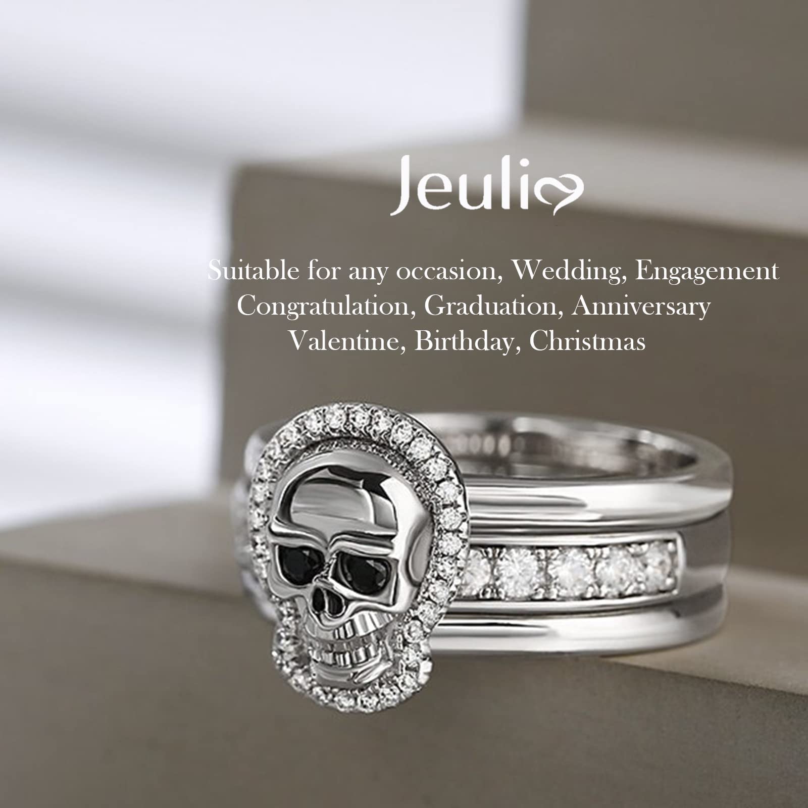 Jeulia Sterling Silver Skull Engagement Ring Set with Cubic Zirconia - Interchangeable Promise & Eternity Bands - Wedding, Anniversary, Bridal Jewelry Gift for Her - Perfect for Gothic Weddings, Alternative Proposals & Unique Couples' Gifts