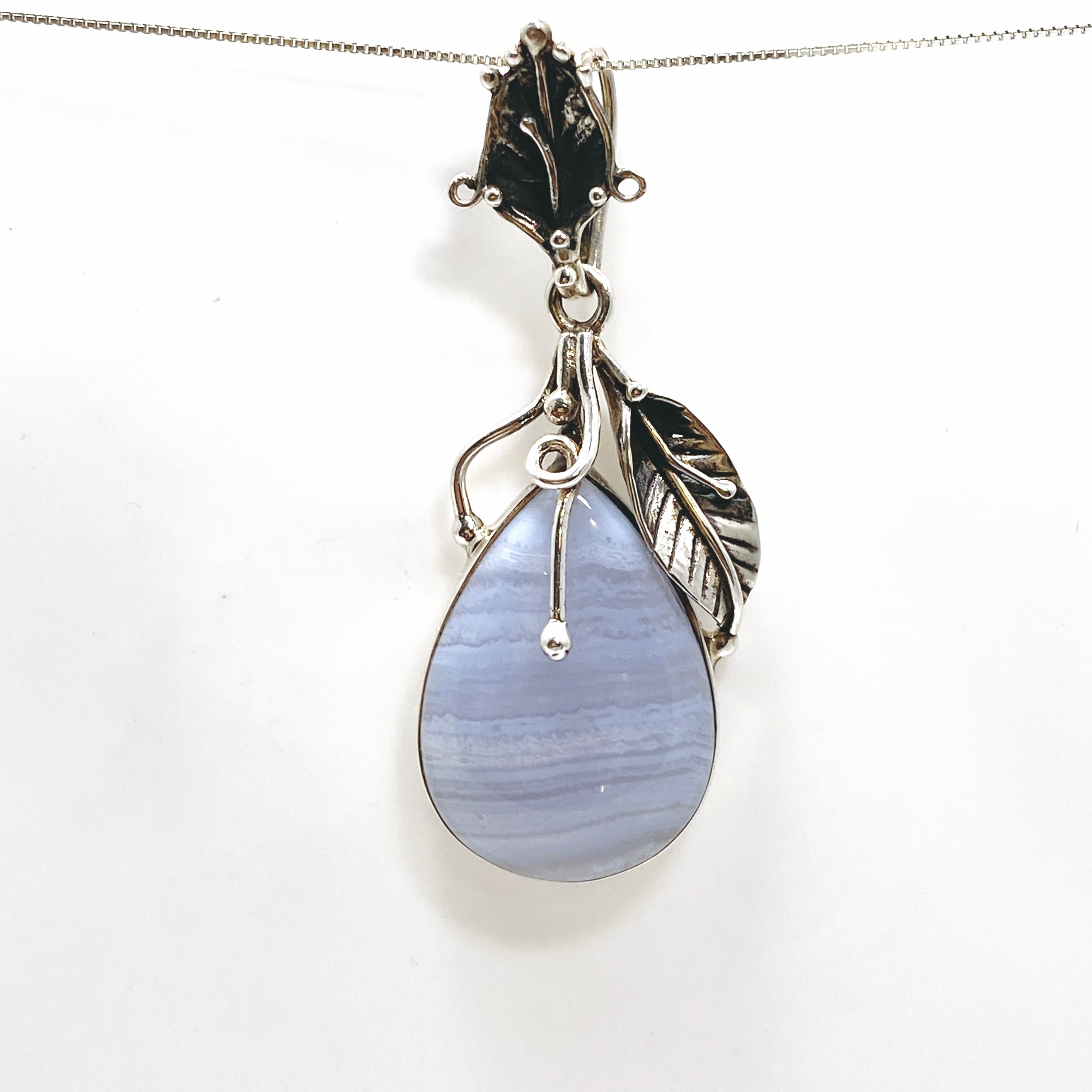 Blue Lace Agate Teardrop Cabochon Pendant Necklace - Natural Stone Jewelry with Botanical Setting PPGJ989 - Perfect for Boho Style, Meditation & Spiritual Healing
