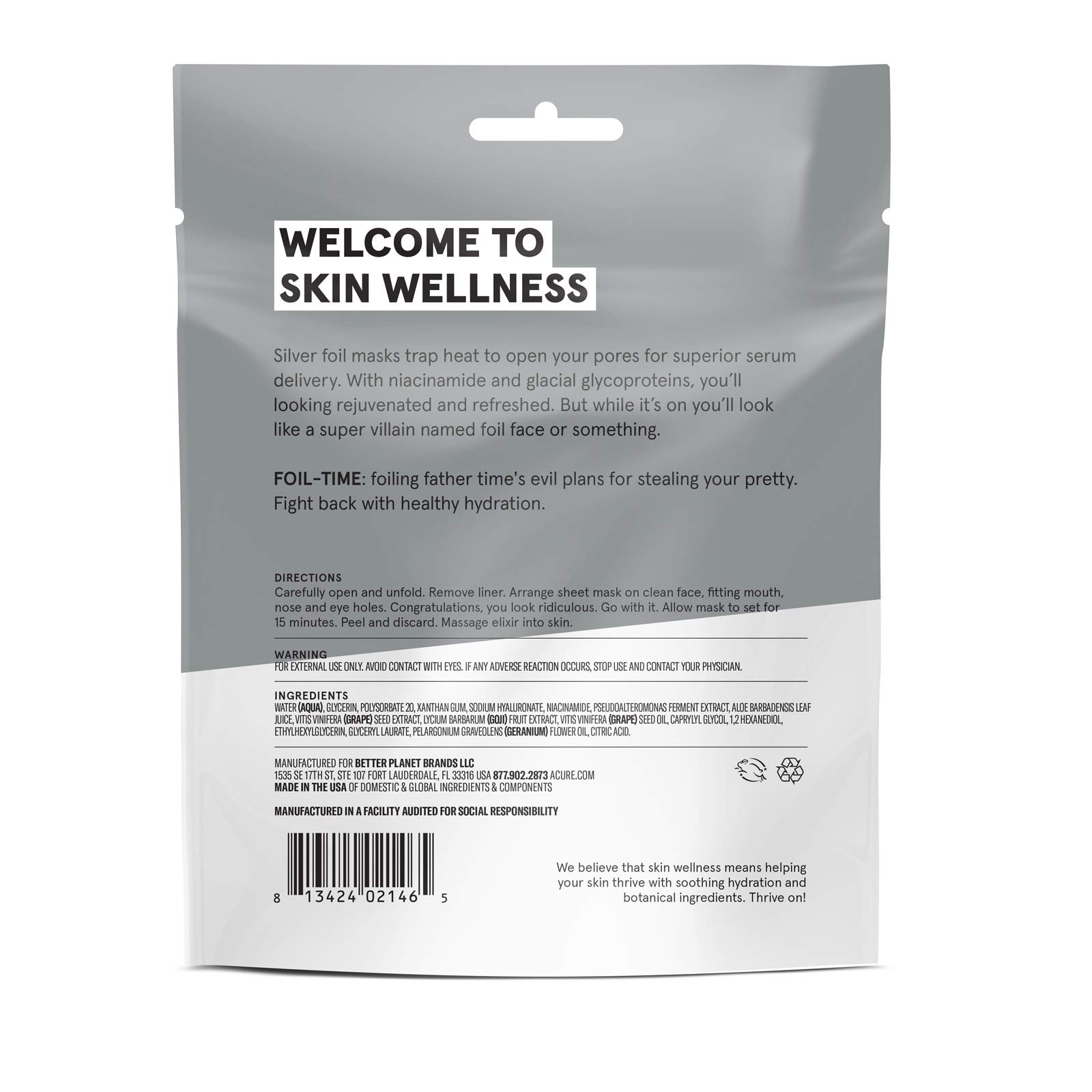 Acure Foil-Time Fortifying Silver Mask - 100% Vegan Face Mask with Niacinamide & Glacial Glycoproteins | Heat-Activated Pore Opening for Deep Serum Absorption | Rejuvenating & Refreshing Skin Care Treatment | 1 Count (ACO02146) | Perfect for Spa Nights & At-Home Skincare Routines
