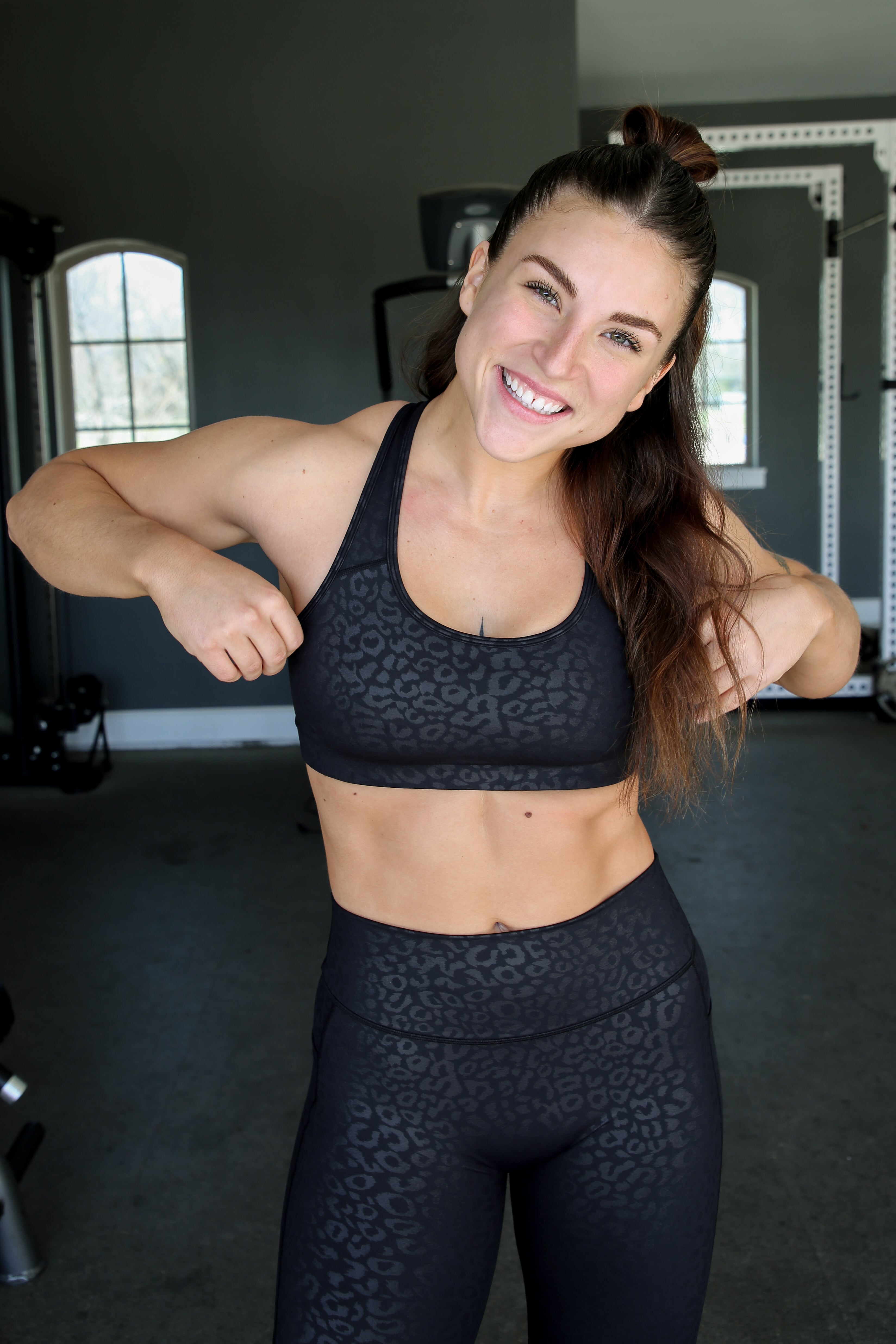 High-Performance Empowered Sports Bra - Black Leopard Print | Women's Workout & Yoga Support Top for Running, Gym & Active Lifestyle
