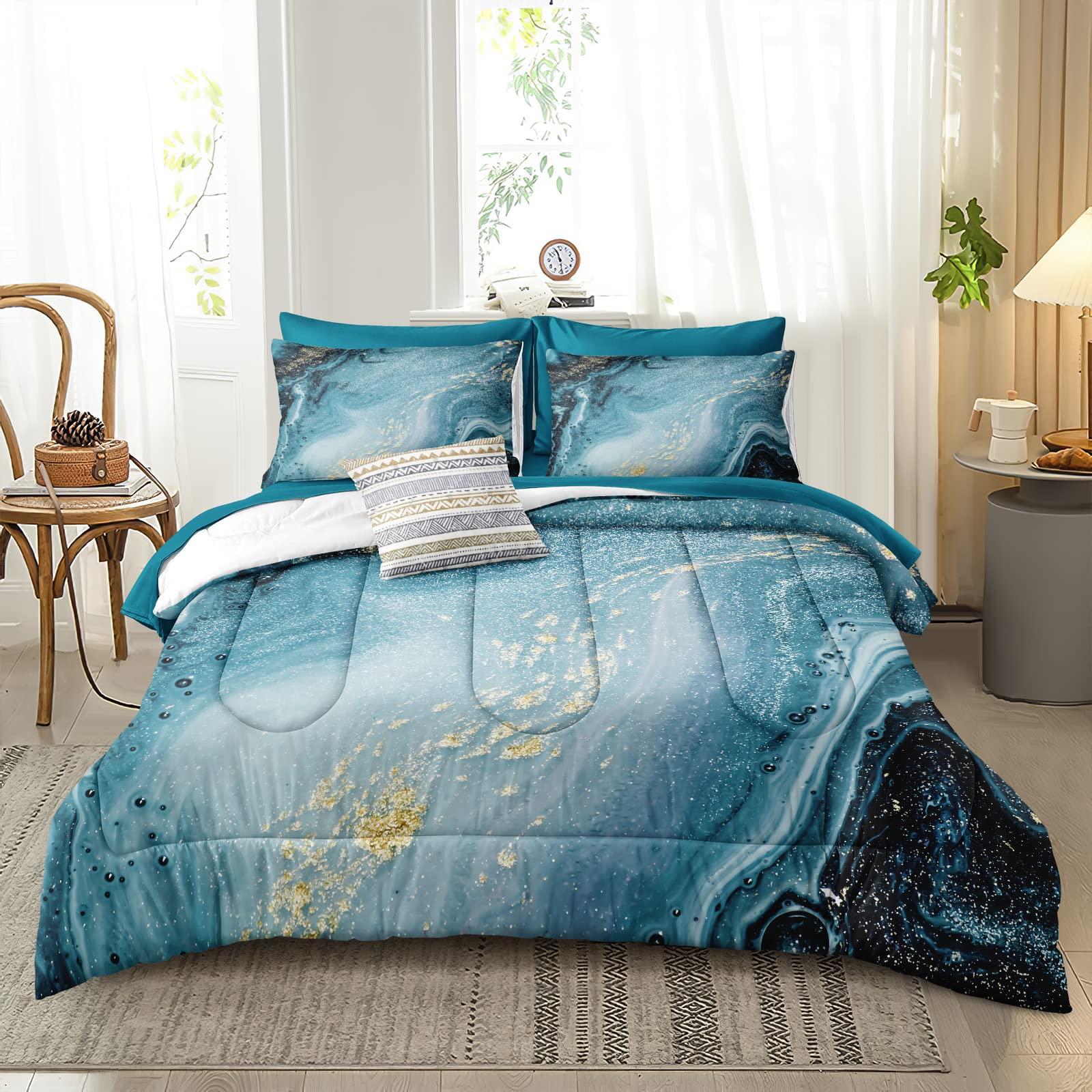 Bedbay Marble Queen 7-Piece Comforter Set - Soft Microfiber All-Season Bedding in Teal Blue (Comforter, 4 Pillowcases, Flat Sheet, Fitted Sheet) | Luxury Bedroom Decor for Master Bedroom, Guest Room & Dorm