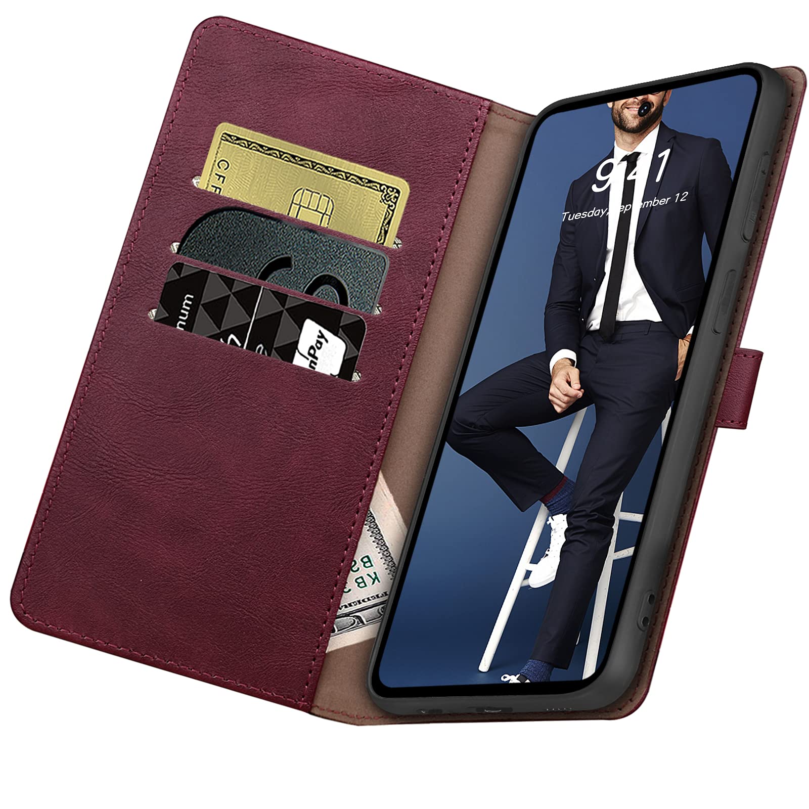 Samsung Galaxy S21 FE Wallet Case with RFID Blocking - PU Leather Flip Cover for Men & Women (Wine Red) - Perfect for Travel & Daily Use