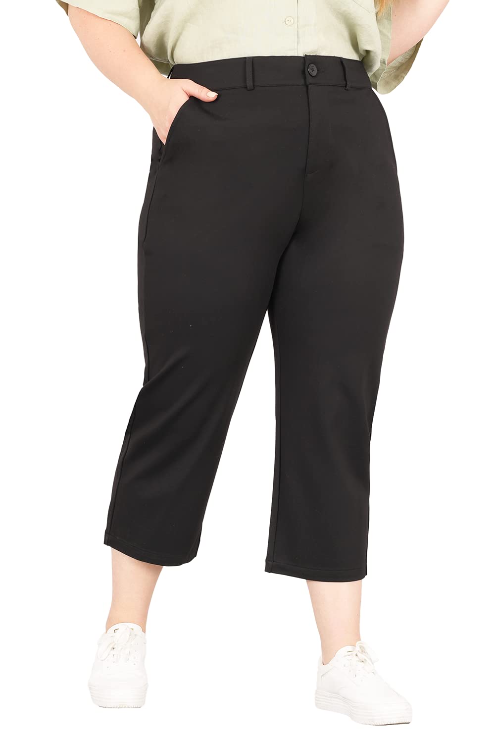 Bamans Women's Plus Size Capri Pants - Stretchy Straight Leg Casual Summer Work Office Pants with Pockets | Comfortable & Stylish for Everyday Wear, Business Casual, and Outdoor Activities