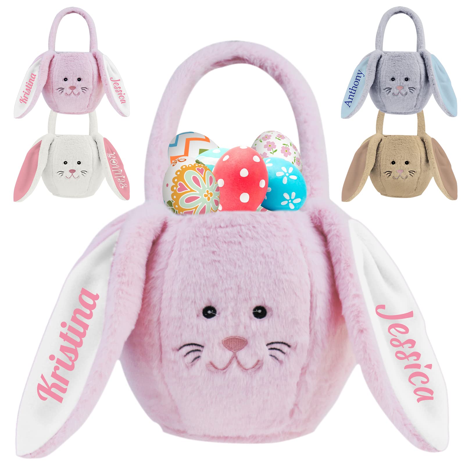 Personalized Easter Basket with Name - Custom Plush Bunny Ears Easter Basket for Kids - Egg Bags & Candy Gift for Baby Boys & Girls (Pink) - Perfect for Easter Egg Hunts, Birthday Gifts & Spring Celebrations