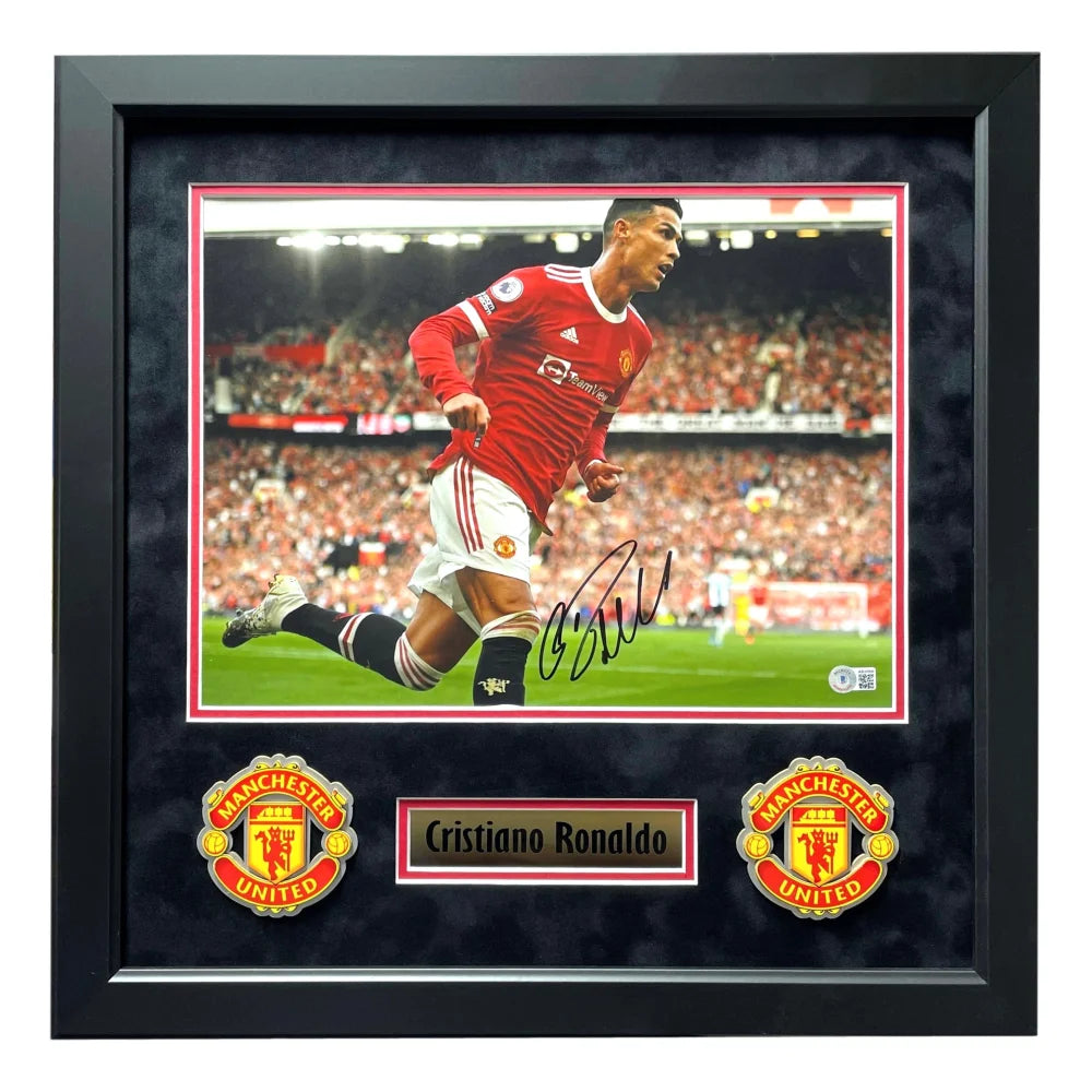 Authentic Cristiano Ronaldo Autographed Manchester United 11x14 Framed Photo with Beckett COA - Perfect for Soccer Fans, Man Utd Memorabilia Collectors & Sports Room Decor
