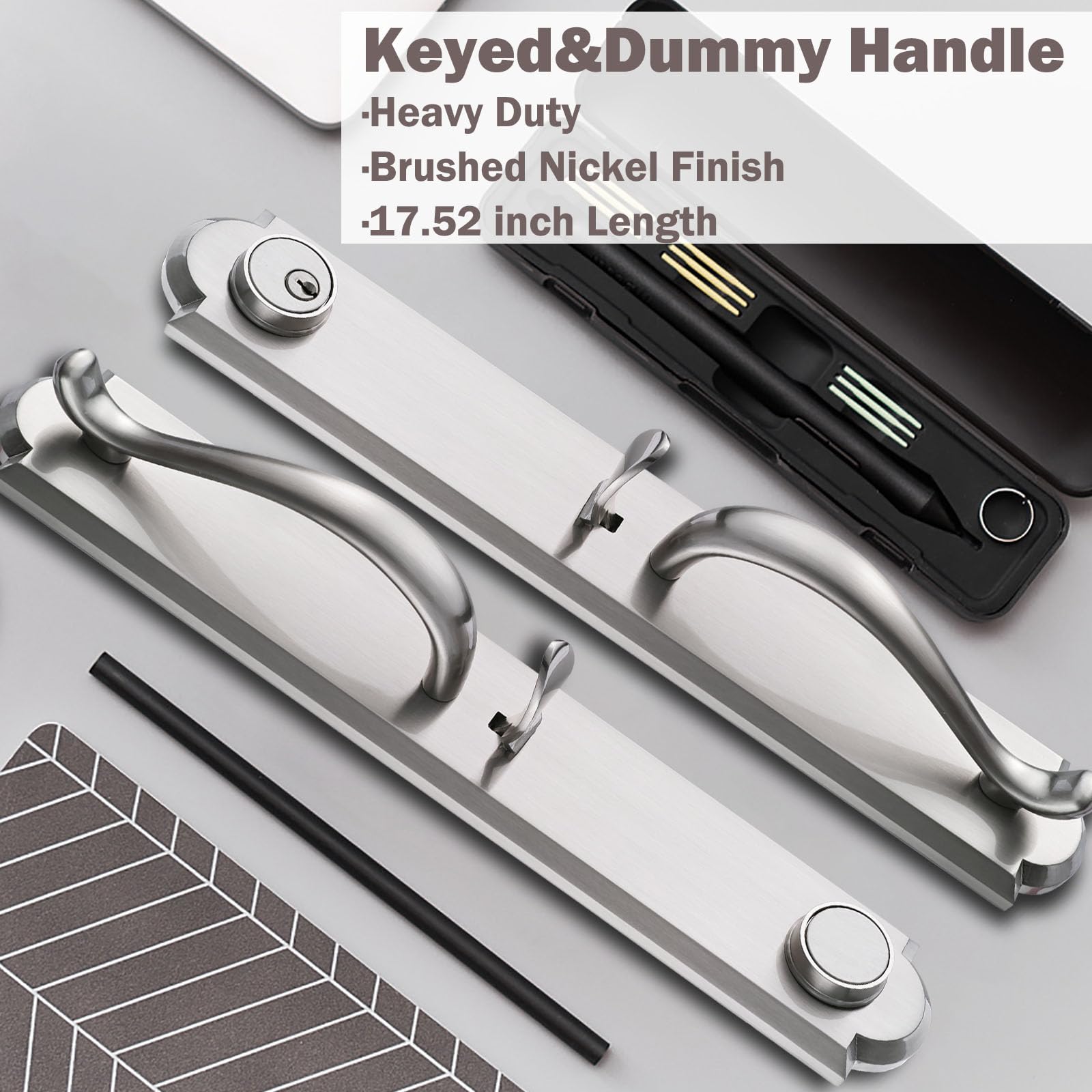 Front Door Handle Double Door Lock Set with Camelot Trim in Satin Nickel - Secure Entry Handle with Deadbolt & Lever (X-2018SET) for Home, Office & Commercial Buildings
