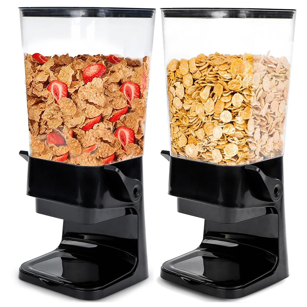 Tokokimo 2-Piece Black Cereal Dispenser - Countertop Food Storage Container for Grains, Nuts, Candy, Oatmeal, Snacks, Pet Food - Perfect for Kitchen, Pantry, Breakfast Nook & Pet Feeding Station
