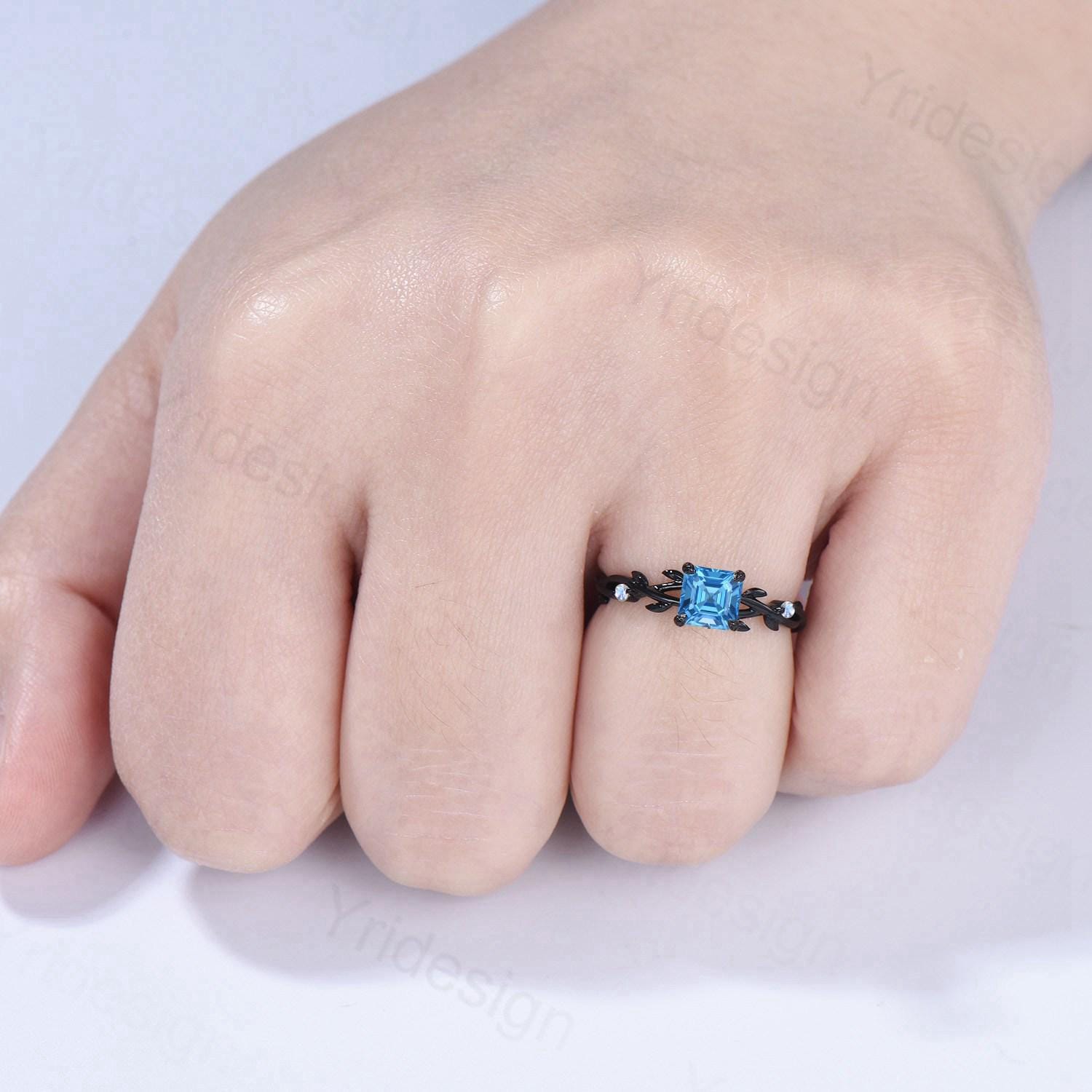 Exquisite Asscher Cut Swiss Blue Topaz Ring in Black Gold with Moonstone Accents - Unique Gothic Engagement Ring, Leaf Vine Wedding Band, Anniversary & Proposal Gift for Her - Perfect for Romantic Occasions & Vintage-Inspired Jewelry Lovers