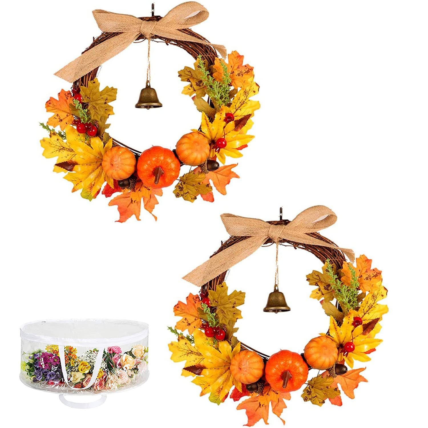Halloween Wreath with Pumpkin, Maple Leaf & Bell - 30cm Linen Knot Door Hanging Decor (2 Pack) - Perfect for Thanksgiving, Fall Festival & Seasonal Home Decoration