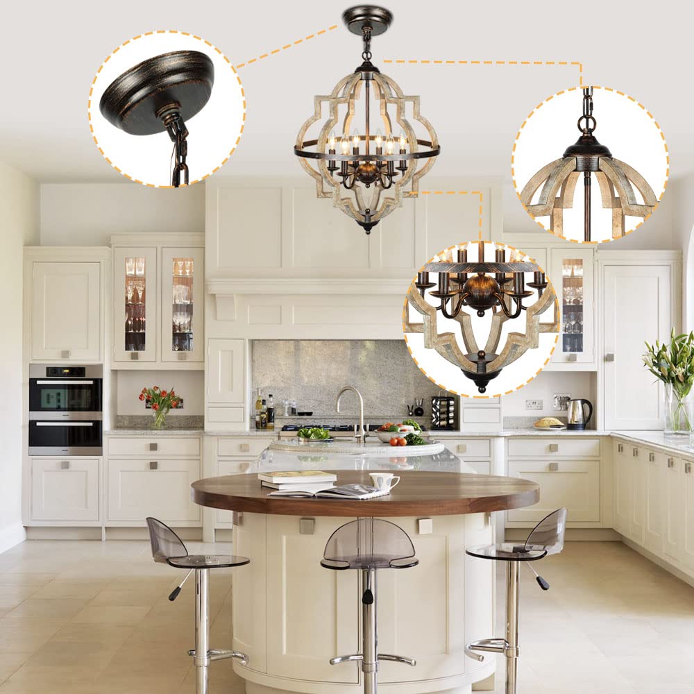 Orb 6-Light Farmhouse Chandelier with Stardust Finish - Rustic Vintage Wood Ceiling Light Fixture in Brown - 21.3 Inch Diameter - Perfect for Kitchen Island, Dining Room, Living Room & Entryway Lighting