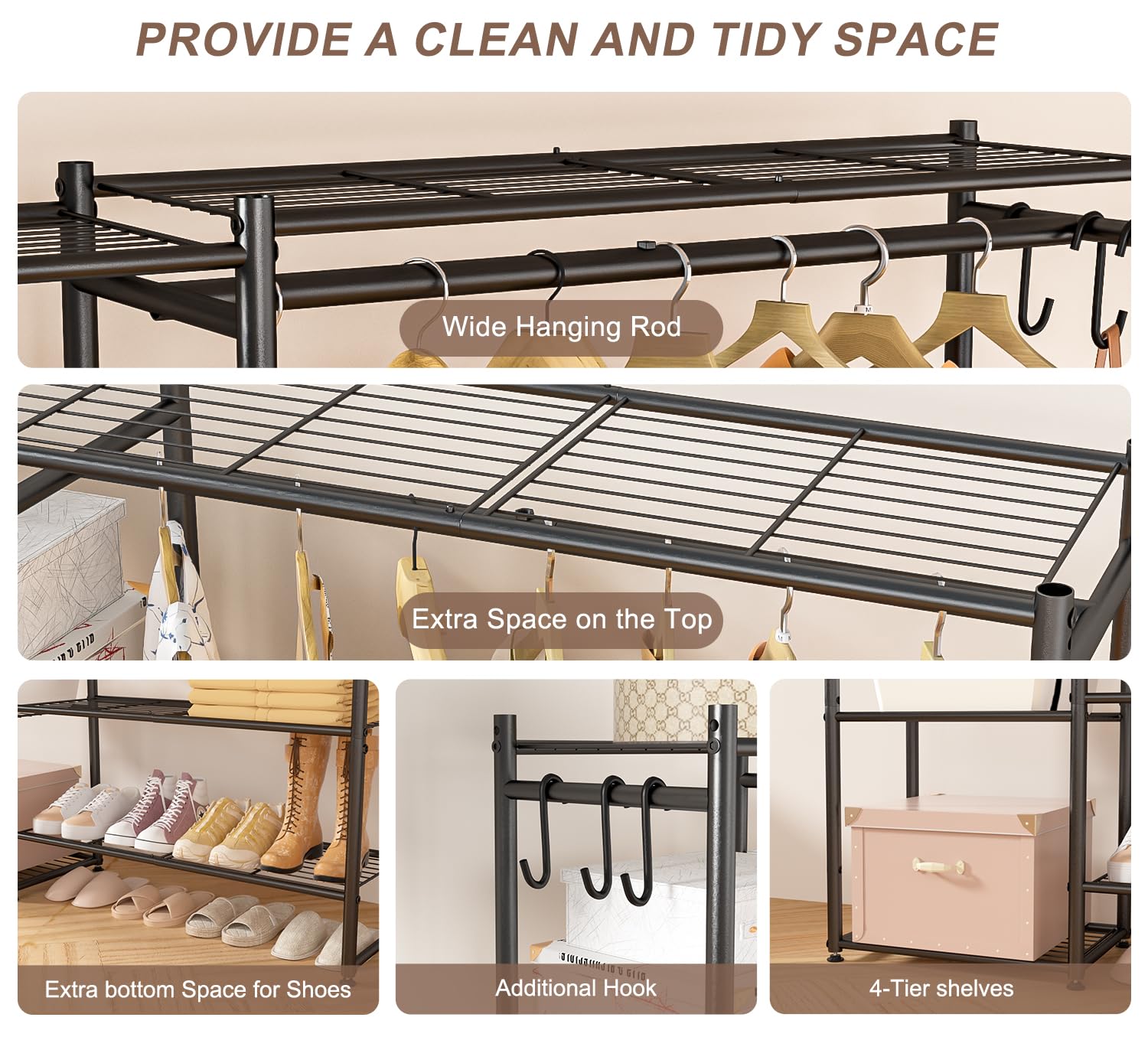 Portable Wardrobe Closet with 4-Tier Shelves - Free Standing Clothing Rack & Storage Organizer for Hanging Clothes - Perfect for Bedroom, Cloakroom, Dorm or Small Space Organization (Black)