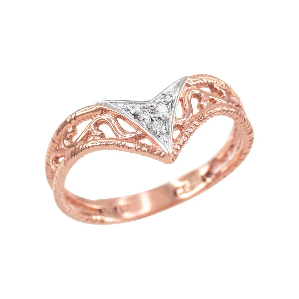 10k Rose Gold Filigree Chevron Diamond Ring for Women - Modern Contemporary Fine Jewelry for Engagement, Anniversary & Special Occasions