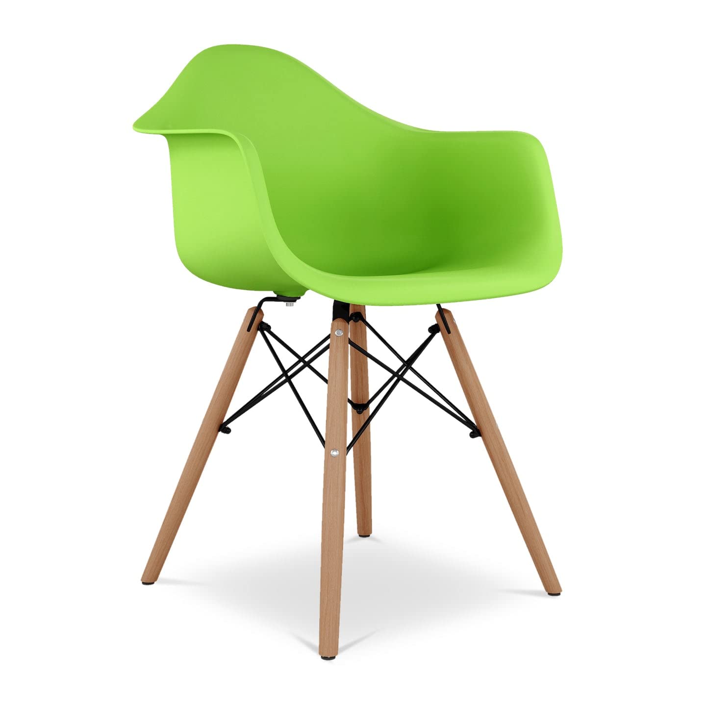 17.5 Inch Green Pyramid Plastic & Beech Wood Dining Chairs - Set of 4 Modern Stackable Armchairs for Kitchen, Dining Room, or Outdoor Patio