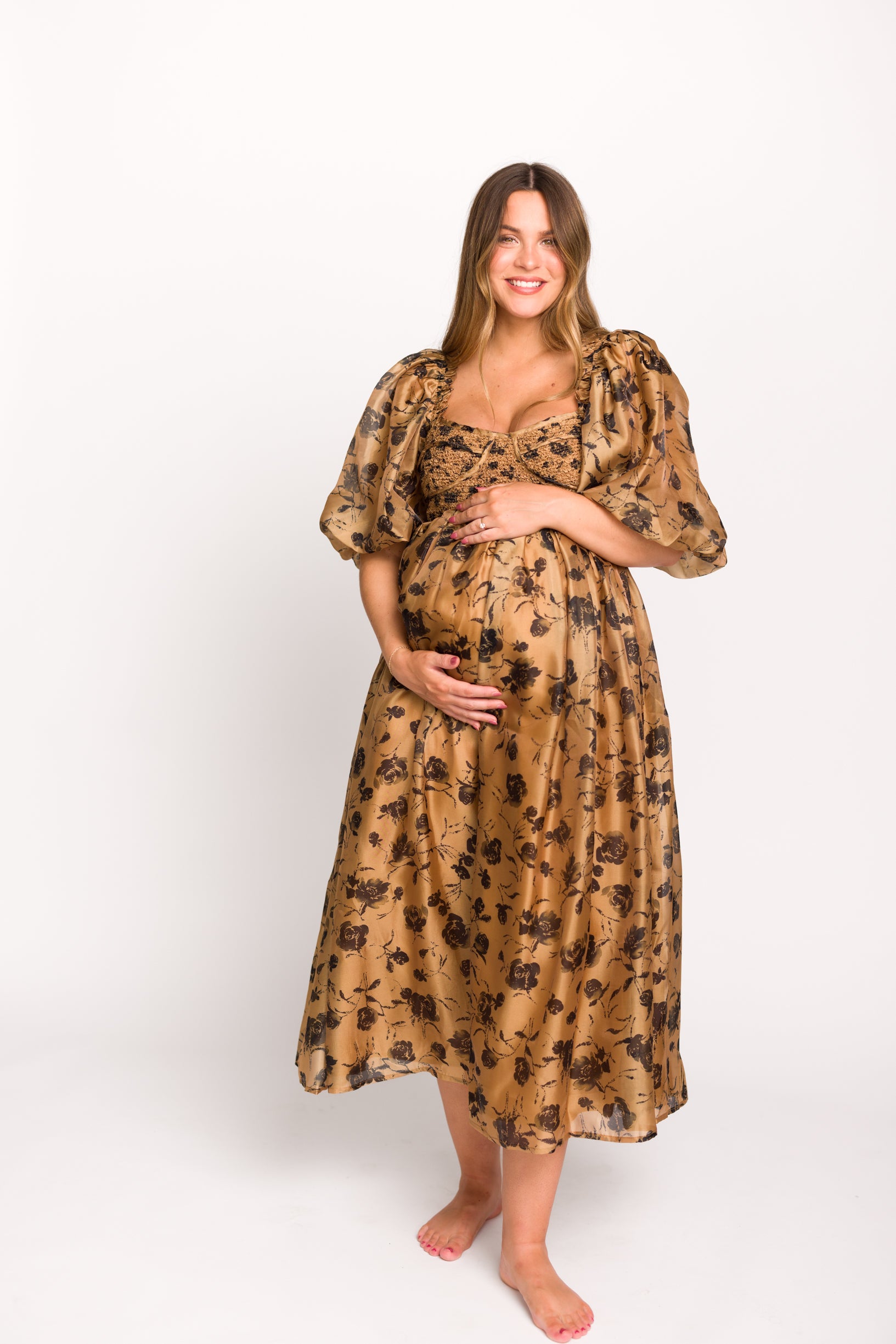 Harlow Camel & Black Floral Maxi Dress with Stretchy Neckline - Bump Friendly Maternity Dress for Women | Perfect for Pregnancy, Special Occasions & Everyday Wear (Restocking Early Fall)