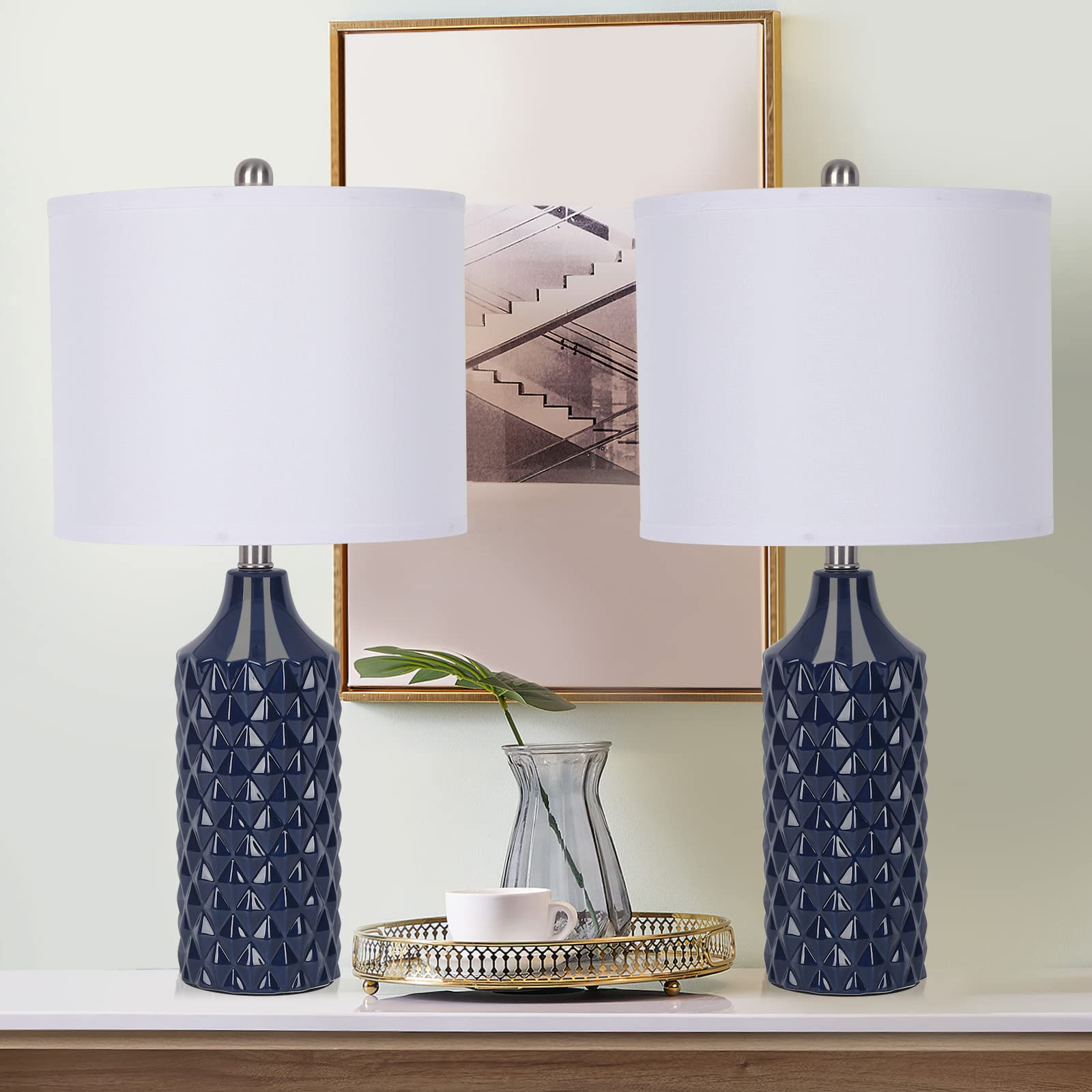 Modern Ceramic Table Lamp Set of 2 - Navy Blue Diamond Texture Nightstand Lamps for Bedroom & Living Room, 3-Way Dimmable Lighting - Perfect for Cozy Reading Nooks and Stylish Home Decor