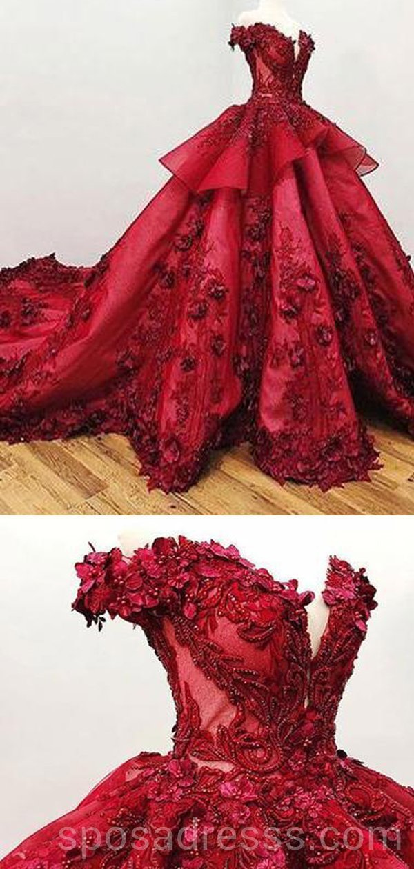 Elegant Off Shoulder Red Lace Ball Gown - Long Evening Prom Dress for Women | Custom Sweet 16 Dresses | Perfect for Formal Events, Homecoming, Quinceañera & Special Occasions