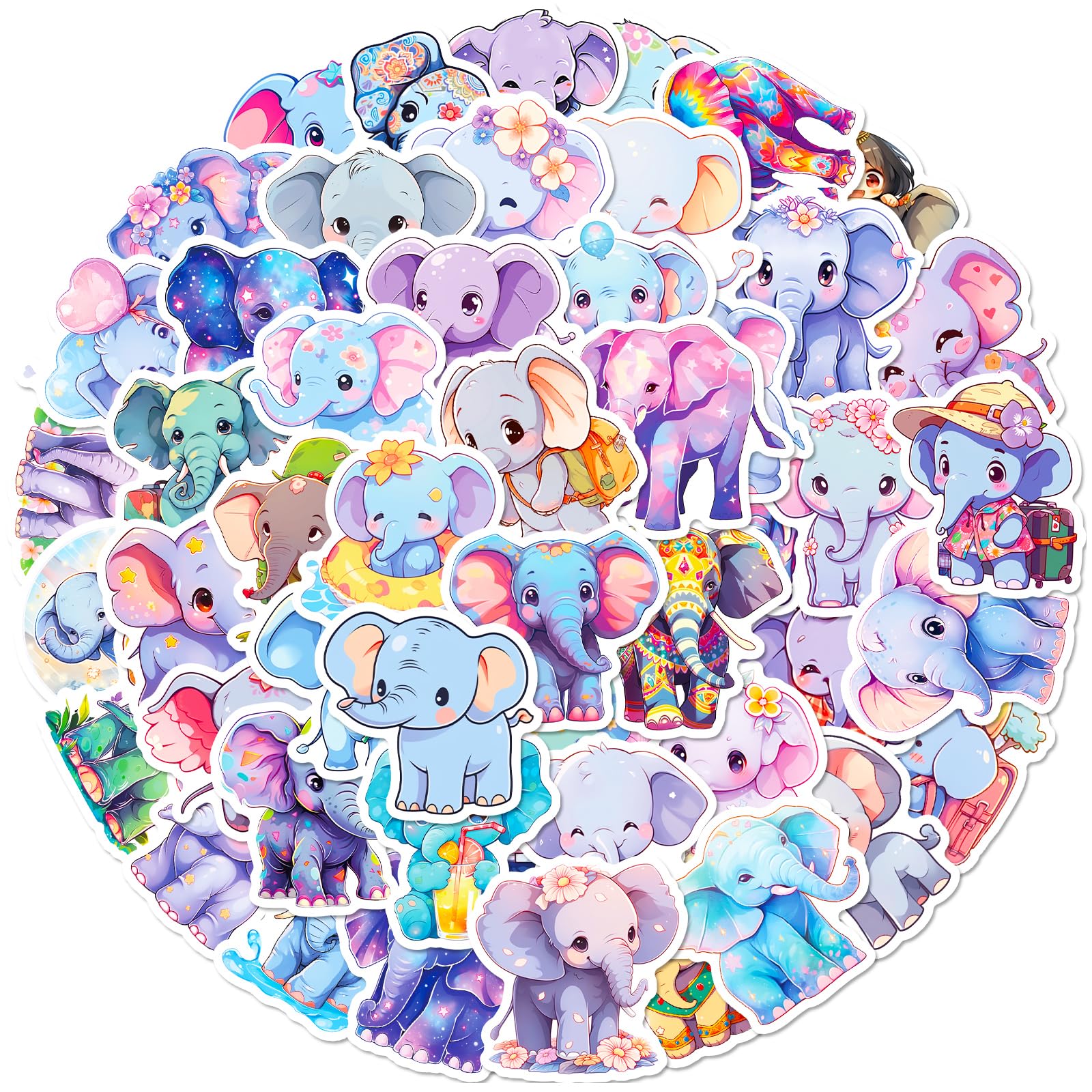 50PCS Cute Elephant Stickers for Kids & Adults - Waterproof Vinyl Decals for Water Bottles, Laptops, Luggage - Kawaii Animal Stickers for School, Office & Travel Decor