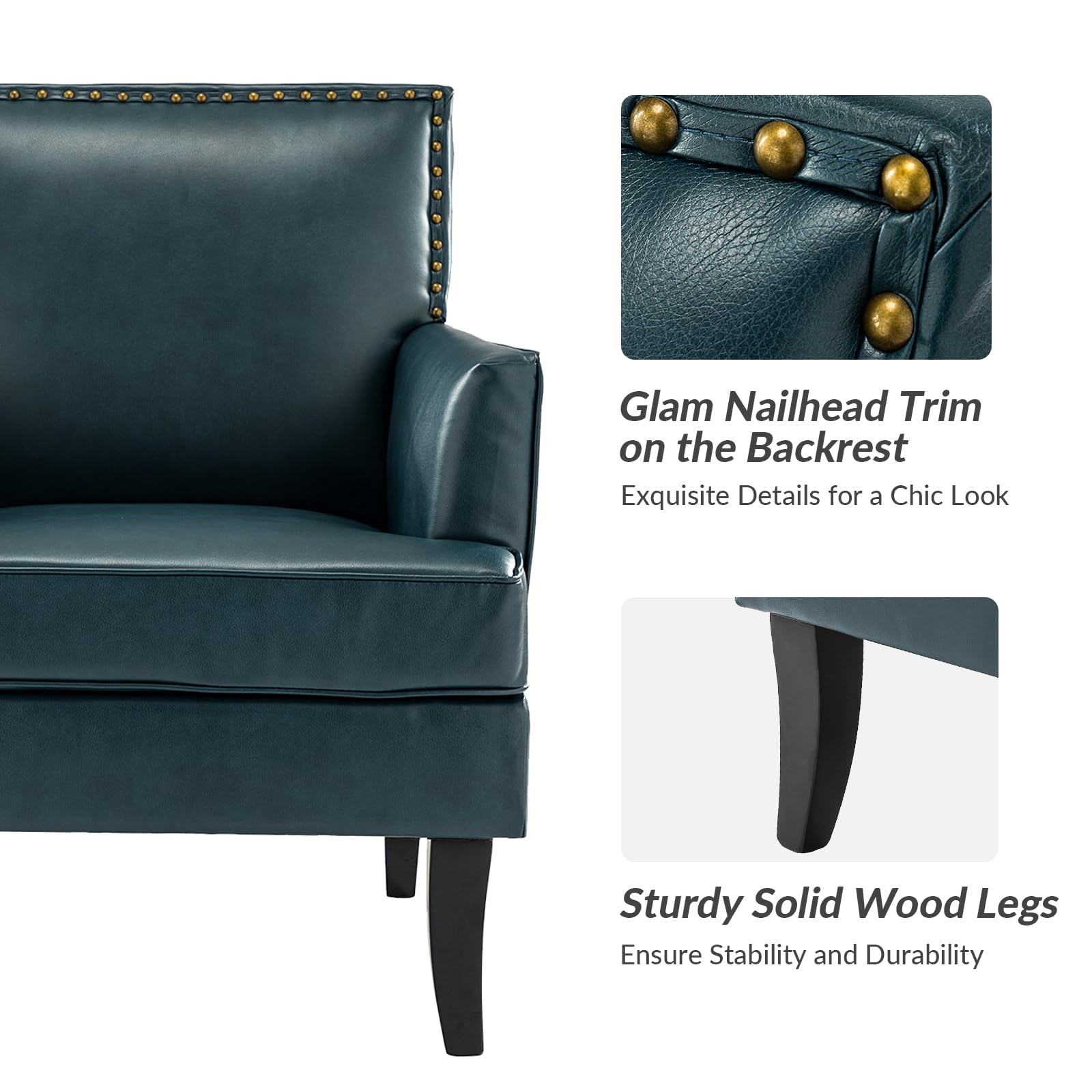 HULALA HOME Modern Faux Leather Accent Chairs Set of 2 - Upholstered Living Room Sofa Chairs with Nailhead Trim & Wooden Legs, Turquoise Blue - Perfect for Bedroom, Lounge, Office or Reading Nook