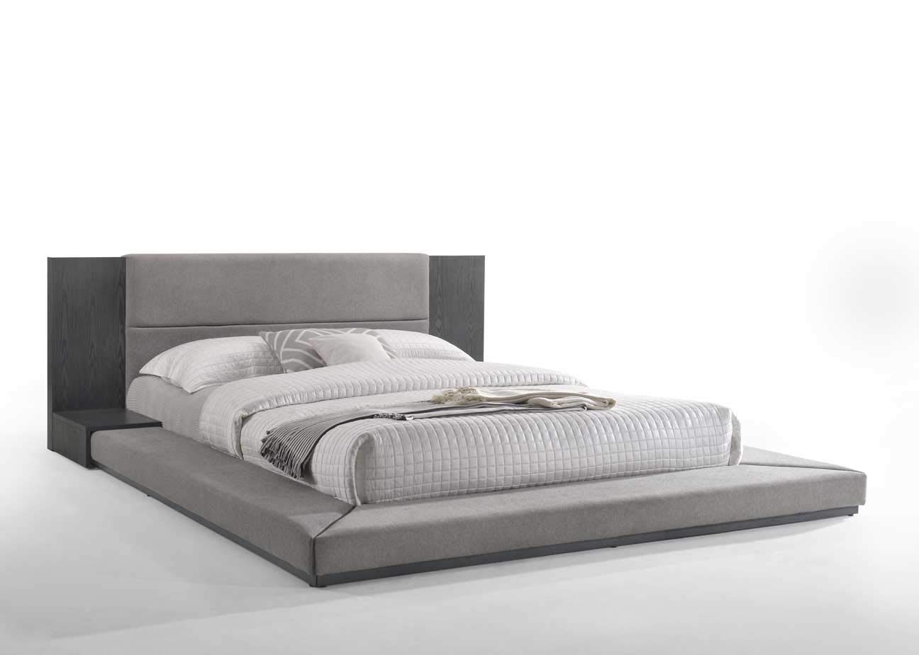 Modern Fabric Upholstered Queen Platform Bed with Veneer Finish & Built-In Nightstands - Cimarron Collection - Grey | Stylish Bedroom Furniture for Contemporary Homes