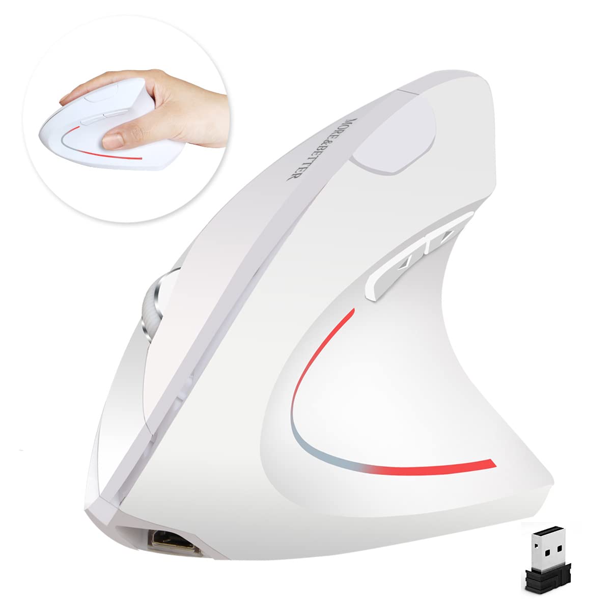 Wireless Ergonomic Mouse 2.4G Rechargeable Vertical Mouse with USB Receiver, 800/1200/1600 DPI, 5 Buttons for Laptop, PC, MacBook - White | Comfortable for Office Work, Gaming & Long Computer Use