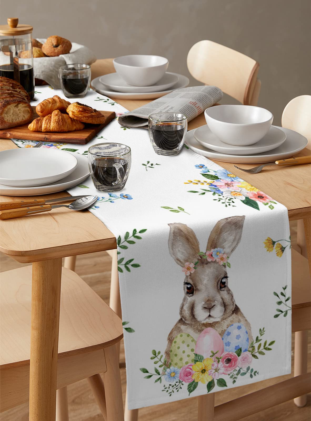 Easter Bunny Cotton Linen Table Runner - 13x120 Inch Spring Floral Easter Egg Table Decor for Kitchen, Dining Room, Banquet, Party & Holiday Celebrations - Perfect for Family Dinners, Easter Brunch & Spring Home Decor