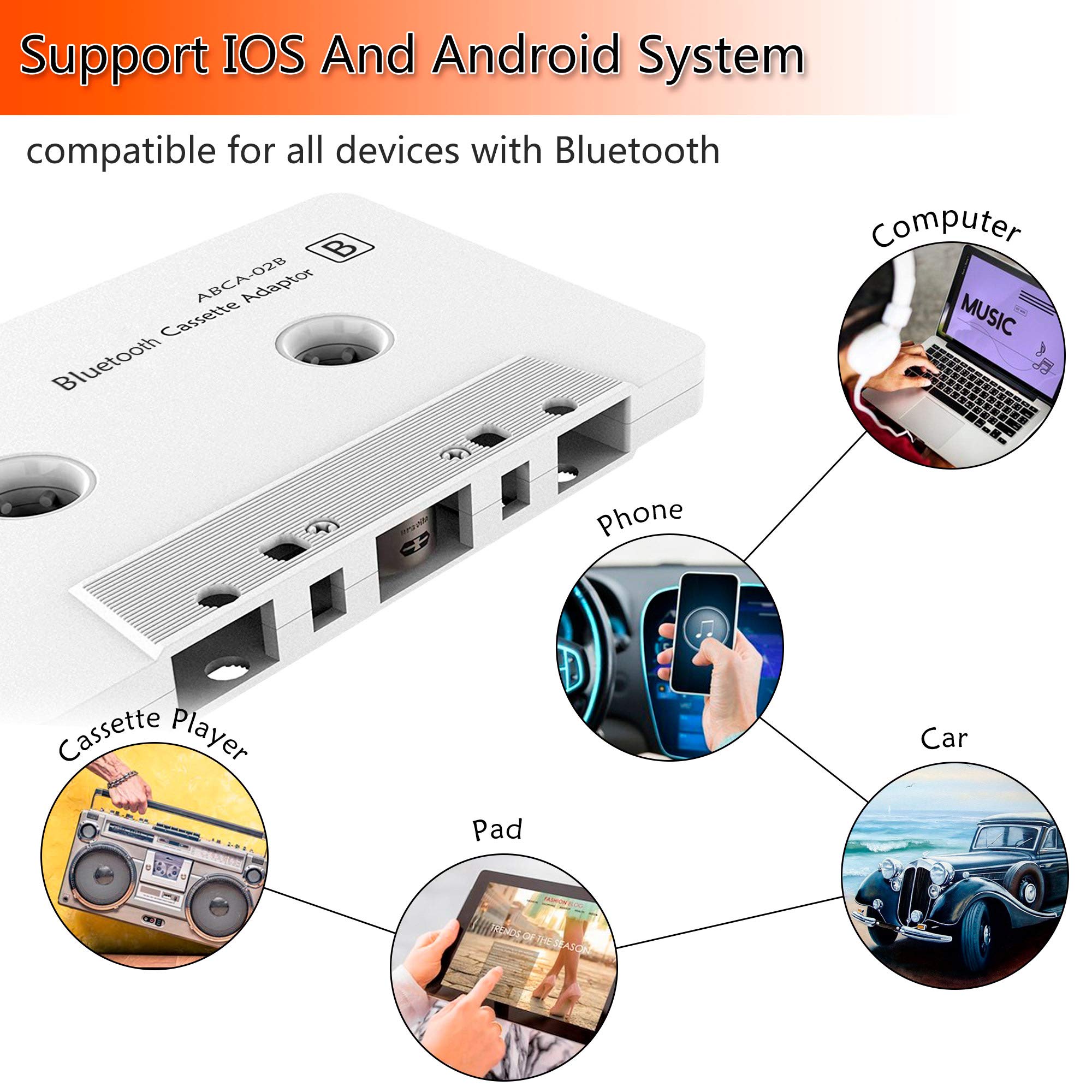 Arsvita Bluetooth 5.0 Cassette Adapter for Car Audio - White | Wireless Tape Player Aux Adapter | Perfect for Older Cars & Road Trips