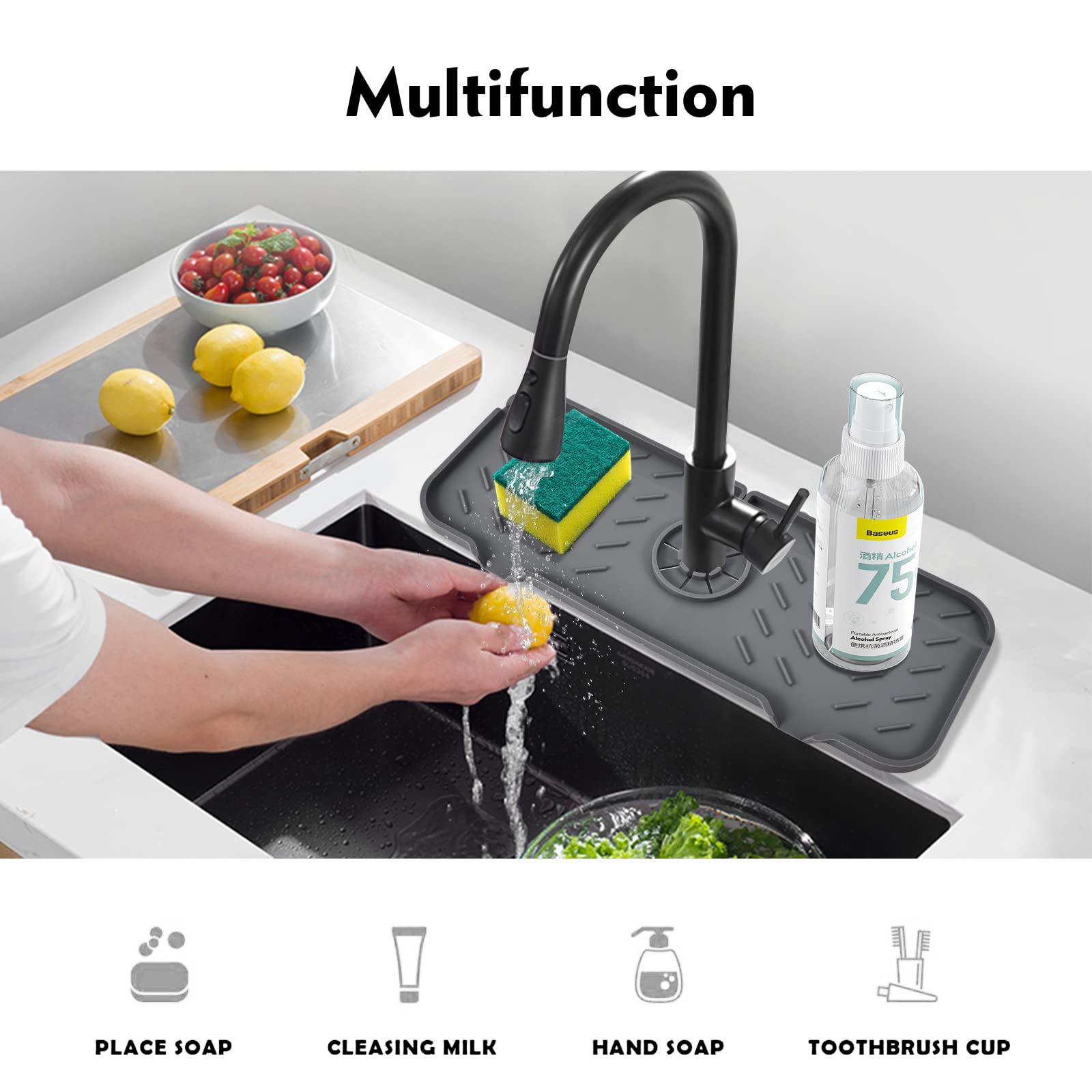 VENMATE Silicone Faucet Mat - 2 Pack Non-Slip Sink Splash Guard for Kitchen & Bathroom | Water Catcher & Draining Pad Behind Faucet | Perfect for Countertop Protection & Keeping Surfaces Dry (Grey)