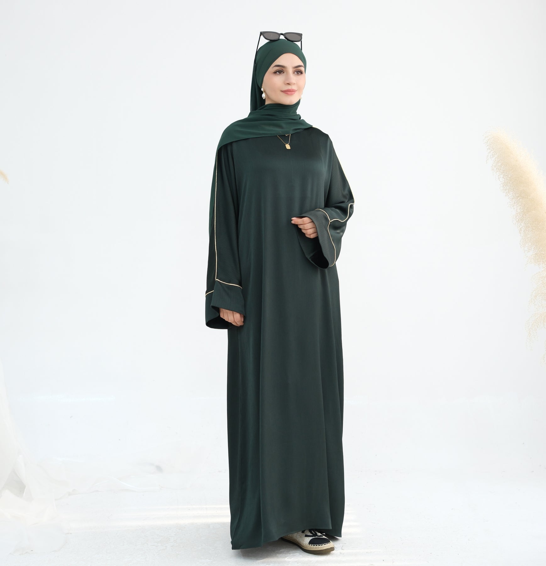 Stylish Ayana Textured Piping Detail Abaya Dress - Green | Modest Islamic Fashion for Women | Perfect for Prayer, Mosque & Special Occasions