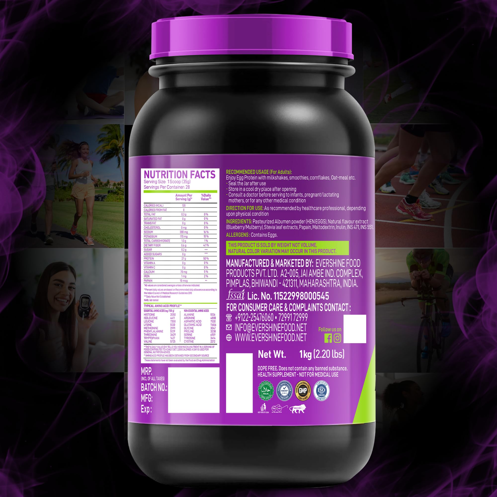 R.U.N-RISE UP NUTRITION Egg White Protein Powder - 27g Protein & 14g EAA per Serving | Lactose, Soy & Gluten Free | Supports Immunity & Muscle Recovery | Berry Blast Flavor - 1kg | Ideal for Athletes, Gym & Fitness Enthusiasts | Perfect for Post-Workout Shakes & Healthy Smoothies