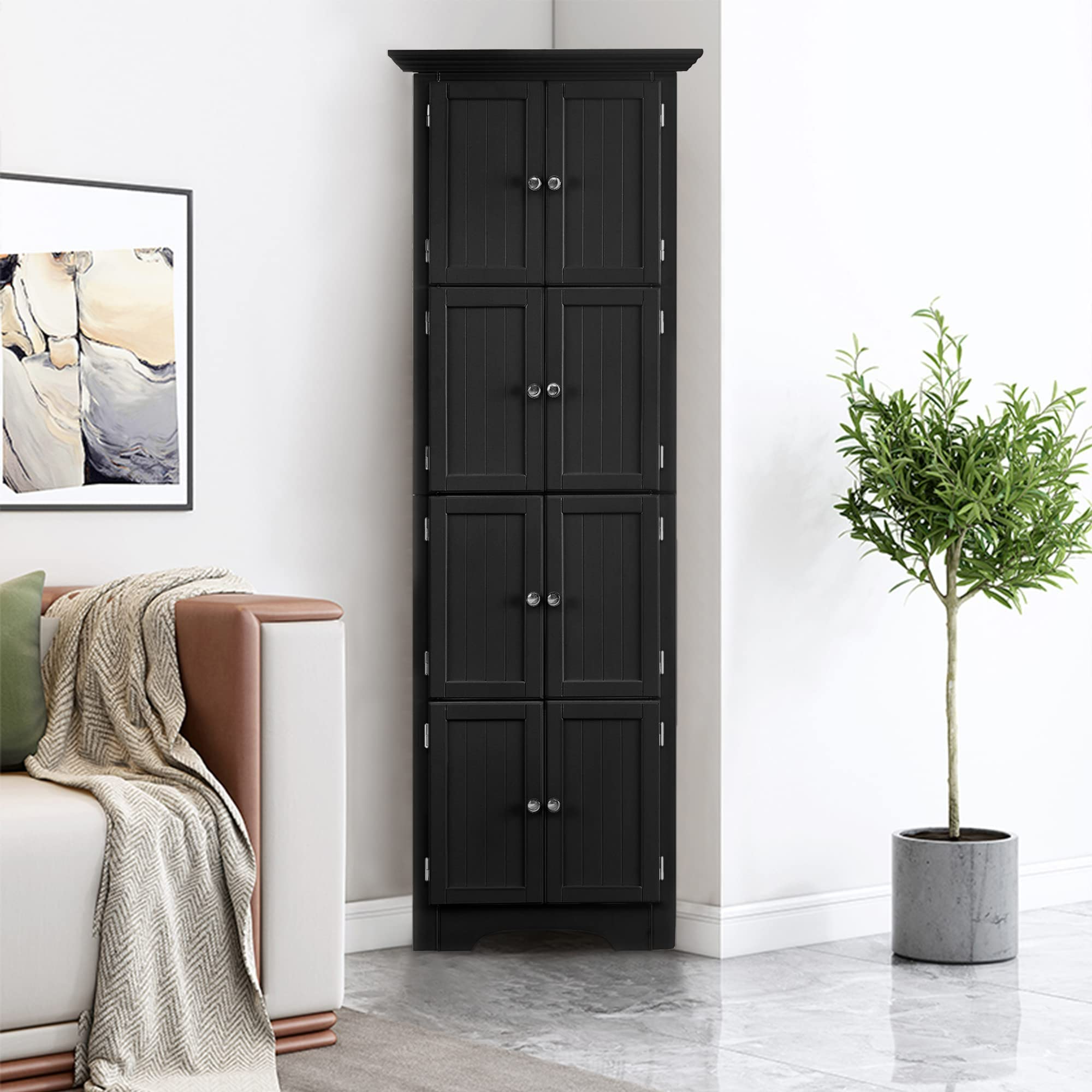 72 Inch Tall Corner Storage Cabinet with 8 Doors - 4-Tier Kitchen Pantry Organizer for Living Room, Kitchen, Office & Bathroom - Black | Space-Saving Storage Solution for Small Homes & Apartments