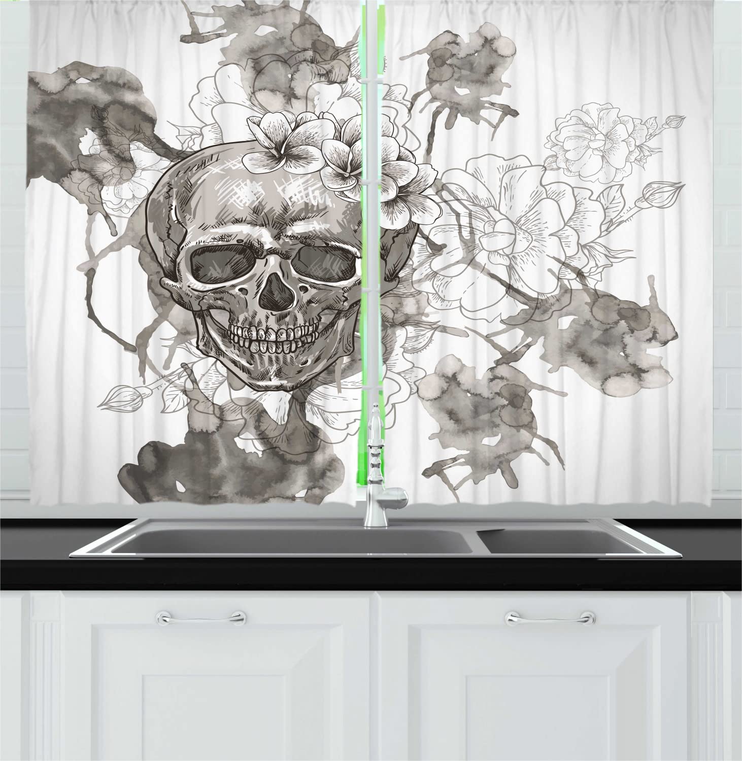 Ambesonne Day of The Dead Long Kitchen Curtains - Mexican Skull & Floral Print Drapes for Dia de Los Muertos Decor - 2 Panel Rod Pocket Window Treatment 55