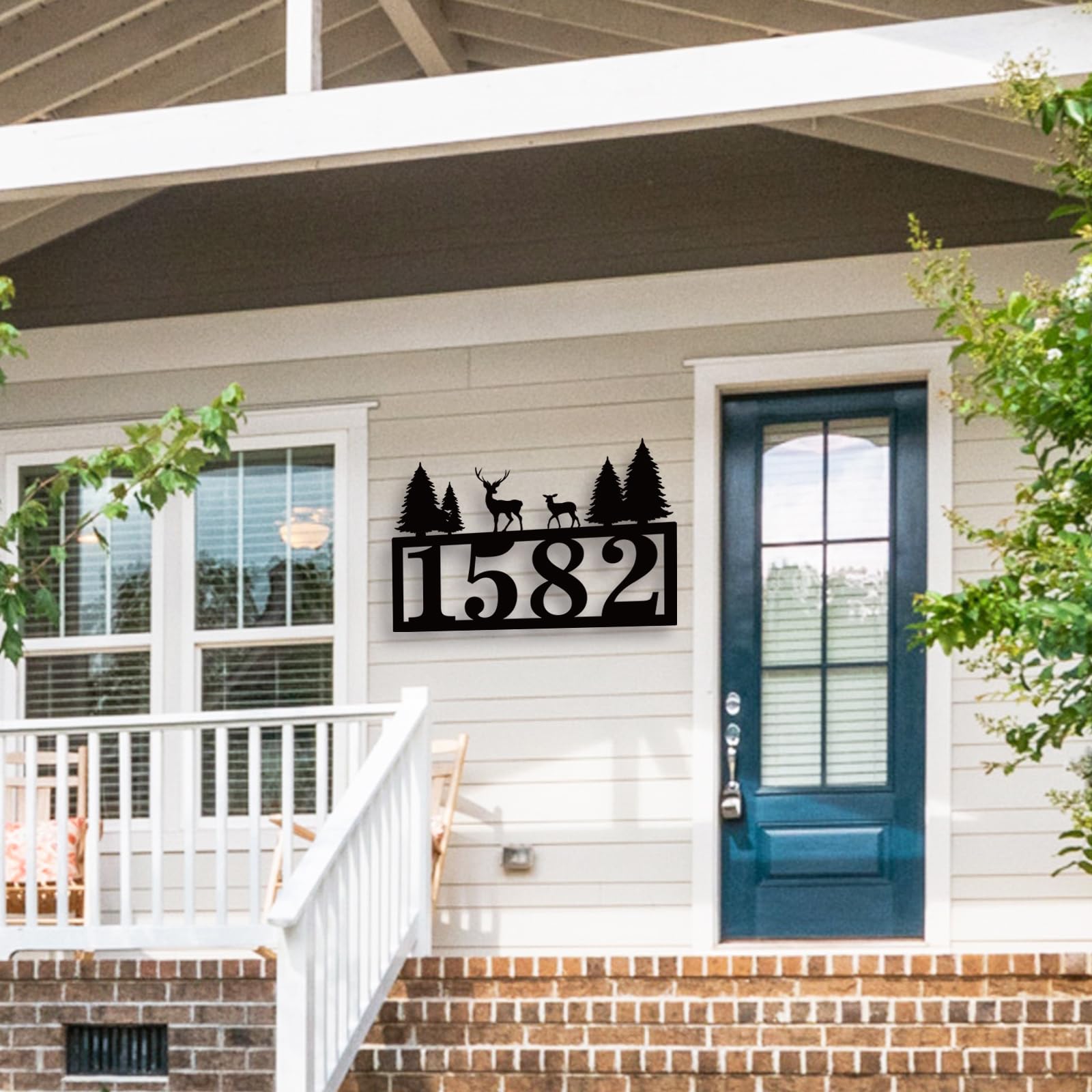 Custom Metal House Numbers for Outdoor - Personalized Modern Address Plaque Sign for Yard & Home (Deer & Pine Design) - Durable Weatherproof House Numbers for Front Door, Mailbox & Driveway