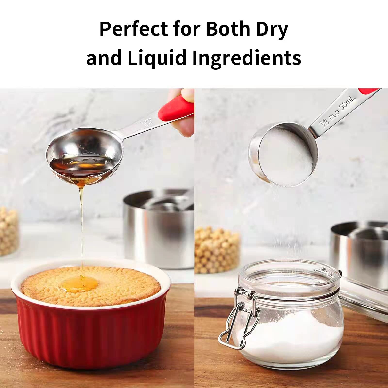 10-Piece Stainless Steel Measuring Spoons and Cups Set with BPA-Free Silicone Grips - Accurate Kitchen Measuring Tools for Cooking, Baking & Meal Prep - Dishwasher Safe, Red