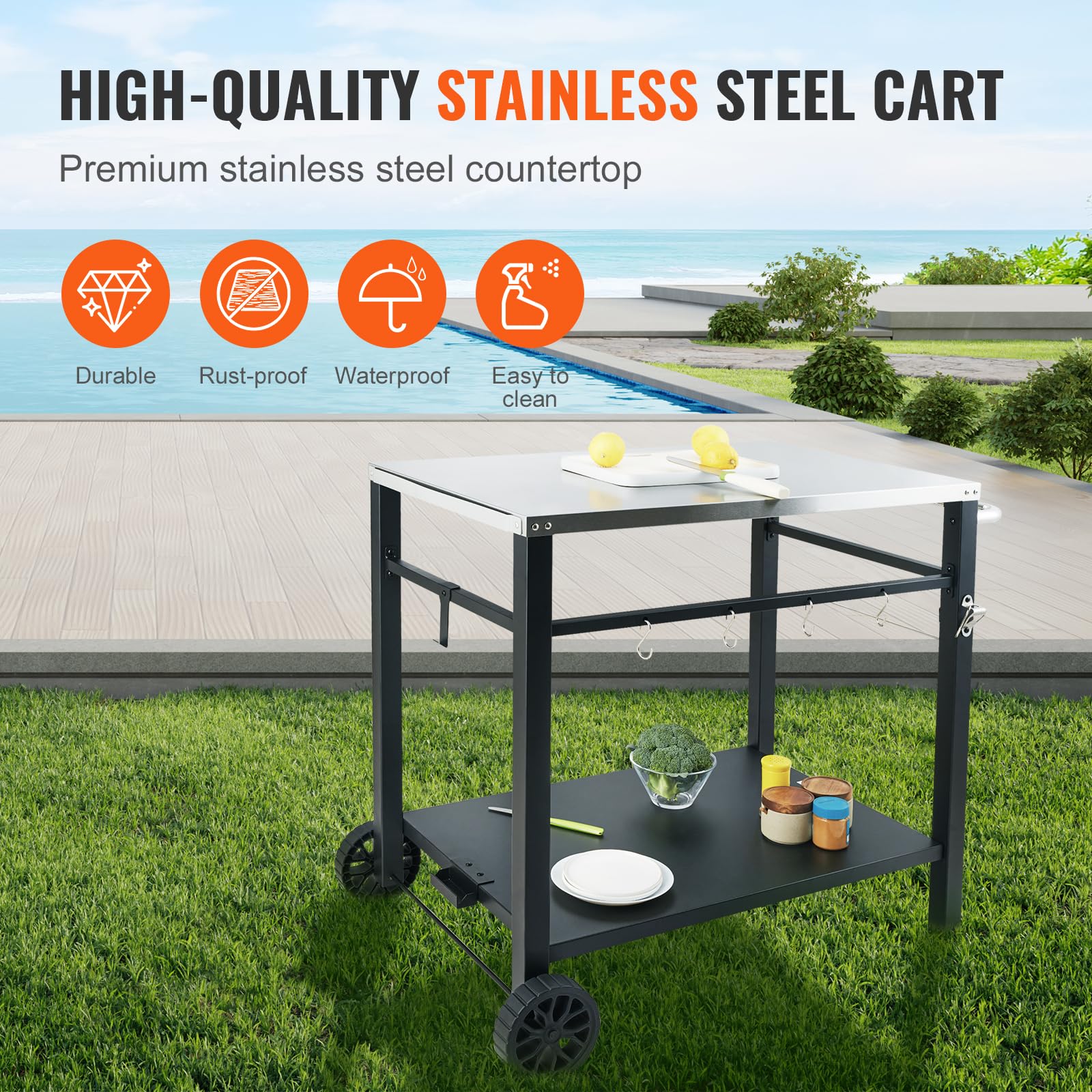 VEVOR Stainless Steel Outdoor Grill Cart with Double Shelves - Portable BBQ Prep Table with Wheels & Handle for Pizza Oven, Camping & Backyard Cooking - Heavy Duty Mobile Workstation for Patio, Garden & Tailgating Parties