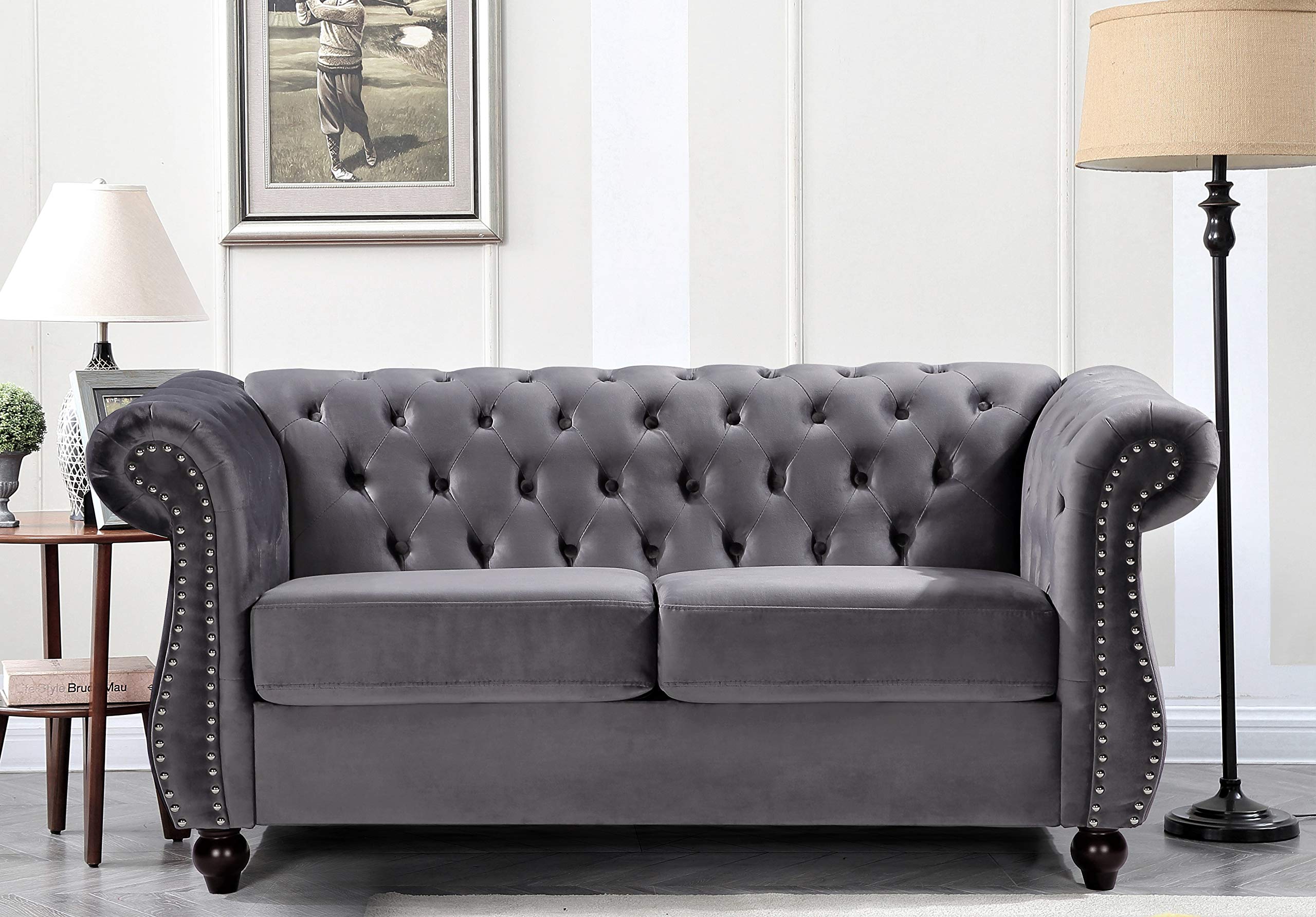 Modern Velvet Chesterfield Sofa & Loveseat Set with Nailhead Trim & Diamond Tufting - Durable Metal Frame Living Room Furniture in Gray - Perfect for Home Office, Lounge & Formal Sitting Areas