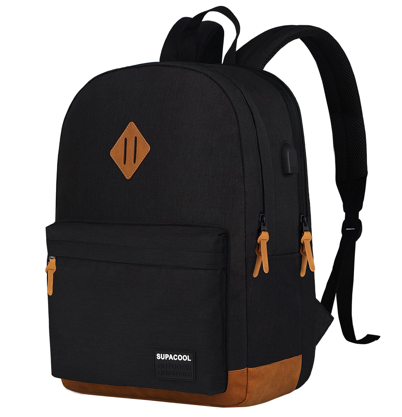 SUPACOOL Lightweight Laptop Backpack with USB Charging Port - Water-Resistant College & Travel Backpack for Men & Women (Black/Brown) - Perfect for Work, School & Daily Commute